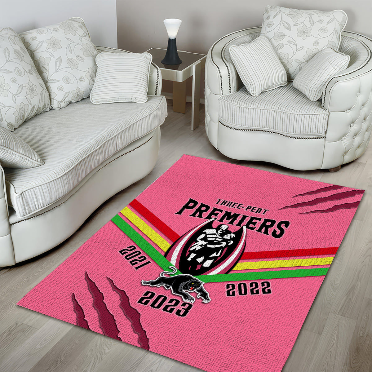 NRL Panthers Area Rug Premiers 2023 Three Peat Proud Of Our Boys Pink - Vibe Hoodie Shop