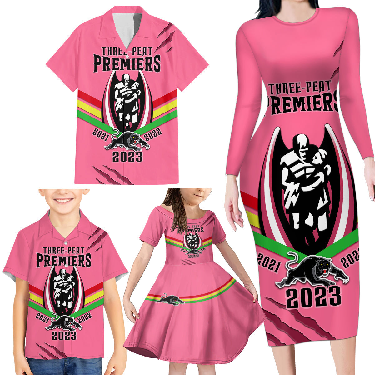 nrl-panthers-family-matching-long-sleeve-bodycon-dress-and-hawaiian-shirt-premiers-2023-three-peat-proud-of-our-boys-pink