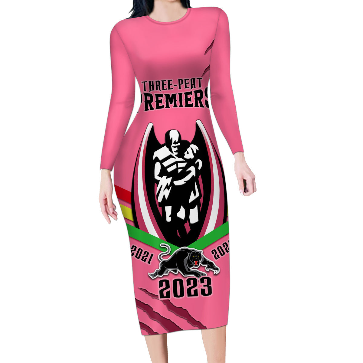 nrl-panthers-family-matching-long-sleeve-bodycon-dress-and-hawaiian-shirt-premiers-2023-three-peat-proud-of-our-boys-pink