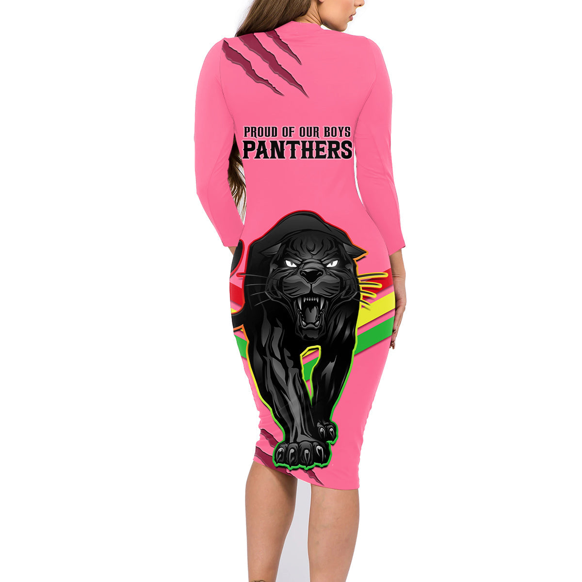 nrl-panthers-family-matching-long-sleeve-bodycon-dress-and-hawaiian-shirt-premiers-2023-three-peat-proud-of-our-boys-pink