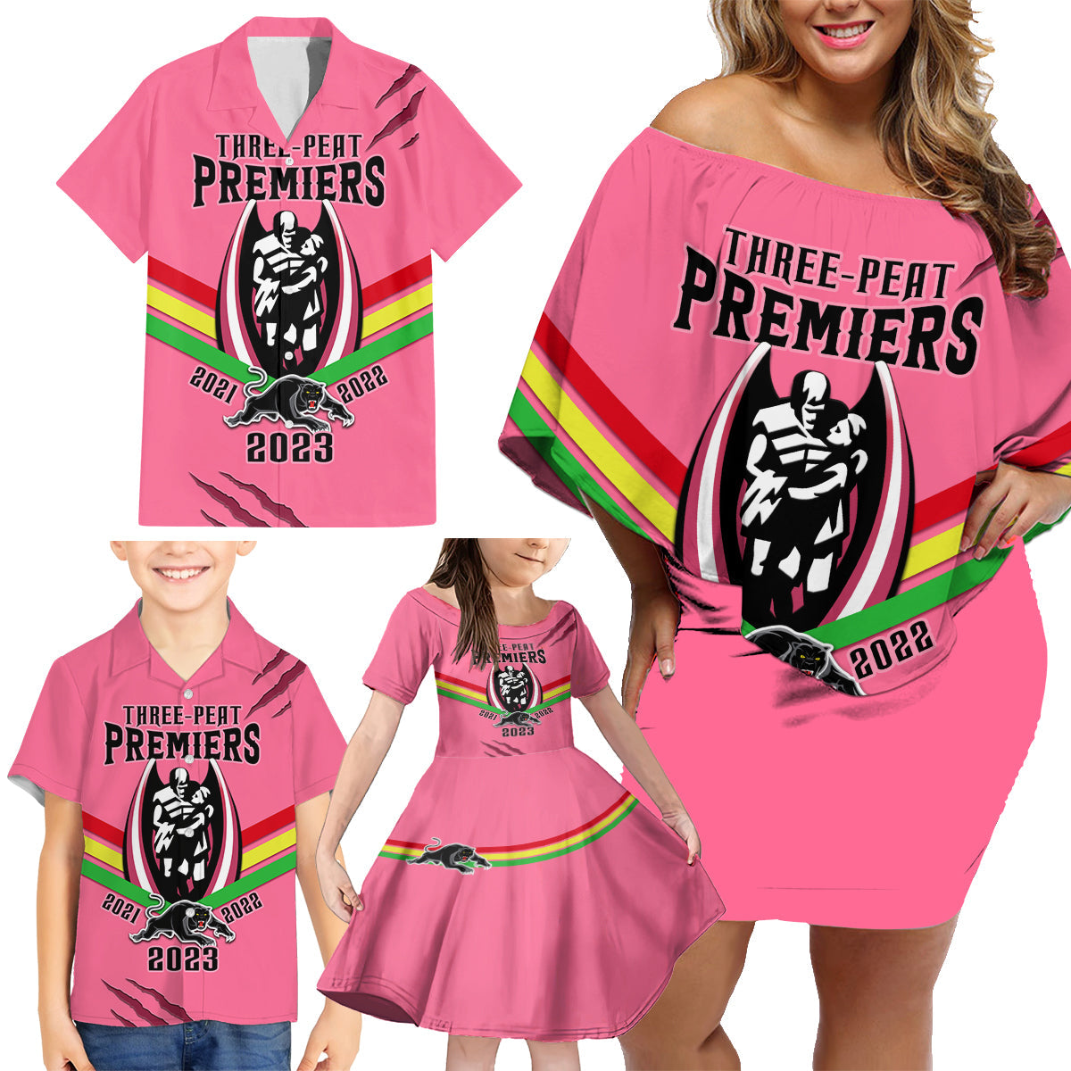 nrl-panthers-family-matching-off-shoulder-short-dress-and-hawaiian-shirt-premiers-2023-three-peat-proud-of-our-boys-pink