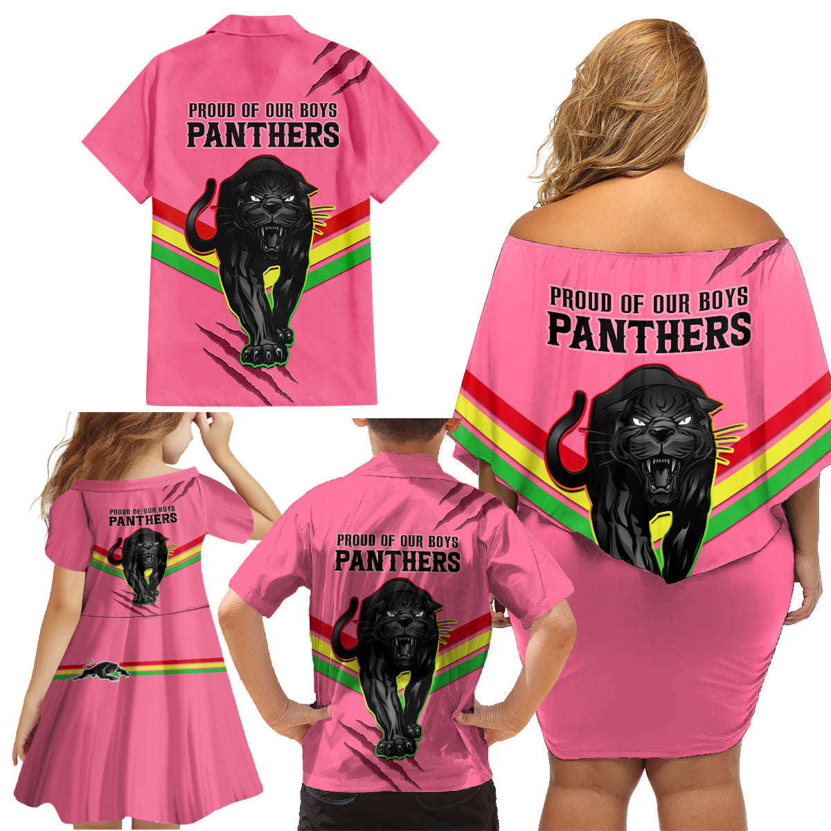 nrl-panthers-family-matching-off-shoulder-short-dress-and-hawaiian-shirt-premiers-2023-three-peat-proud-of-our-boys-pink
