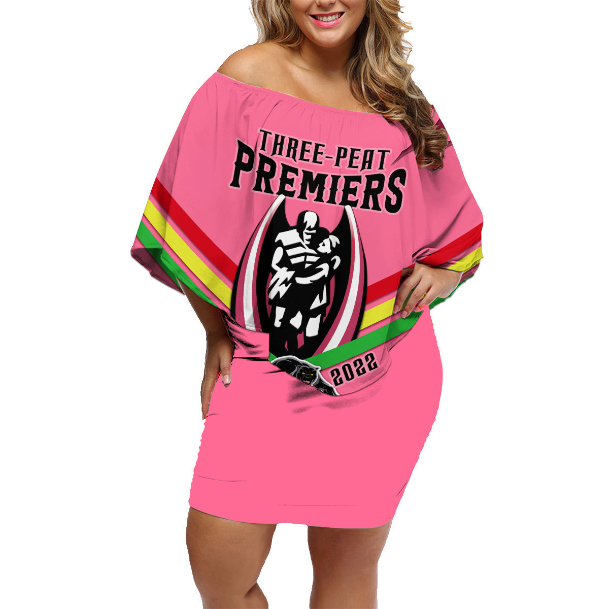 nrl-panthers-family-matching-off-shoulder-short-dress-and-hawaiian-shirt-premiers-2023-three-peat-proud-of-our-boys-pink
