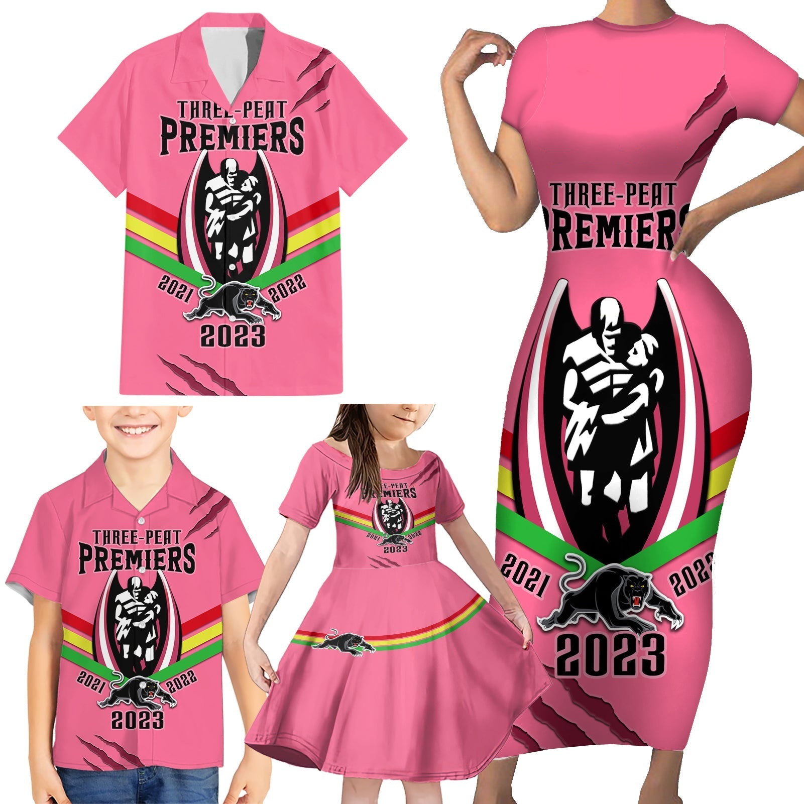 nrl-panthers-family-matching-short-sleeve-bodycon-dress-and-hawaiian-shirt-premiers-2023-three-peat-proud-of-our-boys-pink