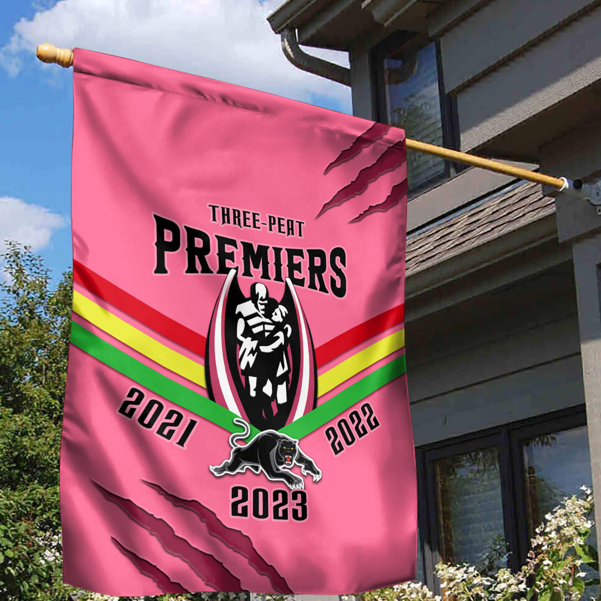NRL Panthers Garden Flag Premiers 2023 Three Peat Proud Of Our Boys Pink - Vibe Hoodie Shop