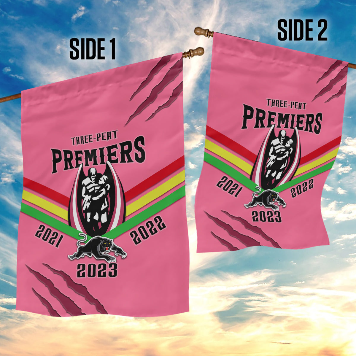 NRL Panthers Garden Flag Premiers 2023 Three Peat Proud Of Our Boys Pink - Vibe Hoodie Shop