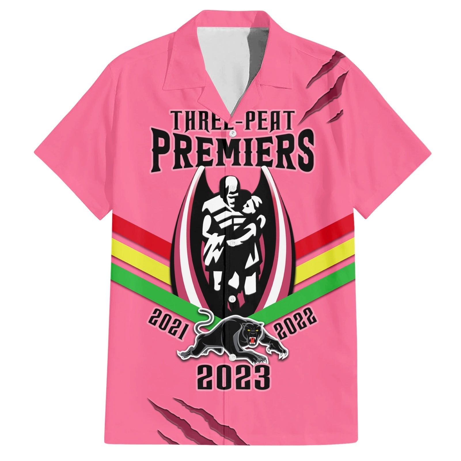 NRL Panthers Hawaiian Shirt Premiers 2023 Three Peat Proud Of Our Boys Pink - Vibe Hoodie Shop