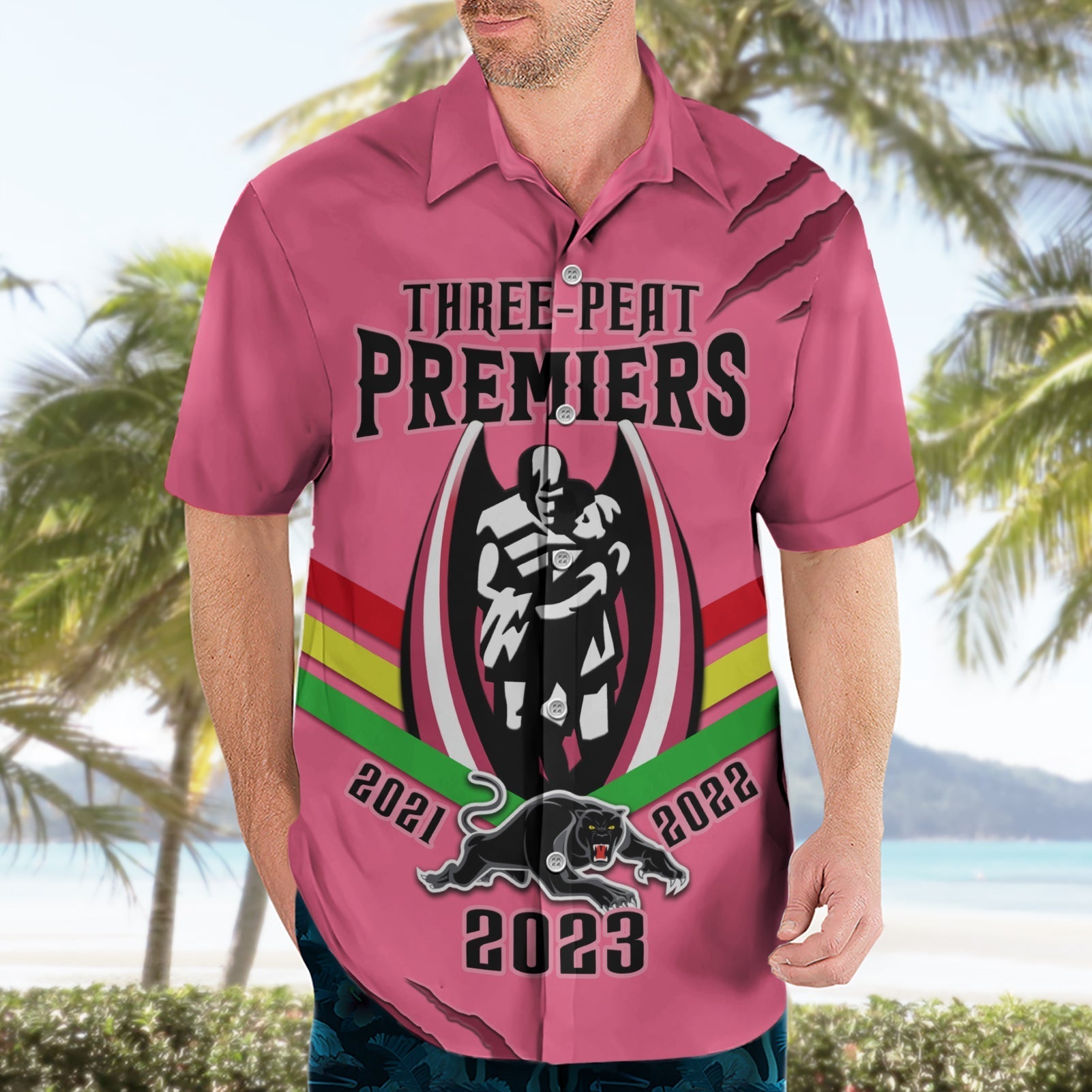 NRL Panthers Hawaiian Shirt Premiers 2023 Three Peat Proud Of Our Boys Pink - Vibe Hoodie Shop