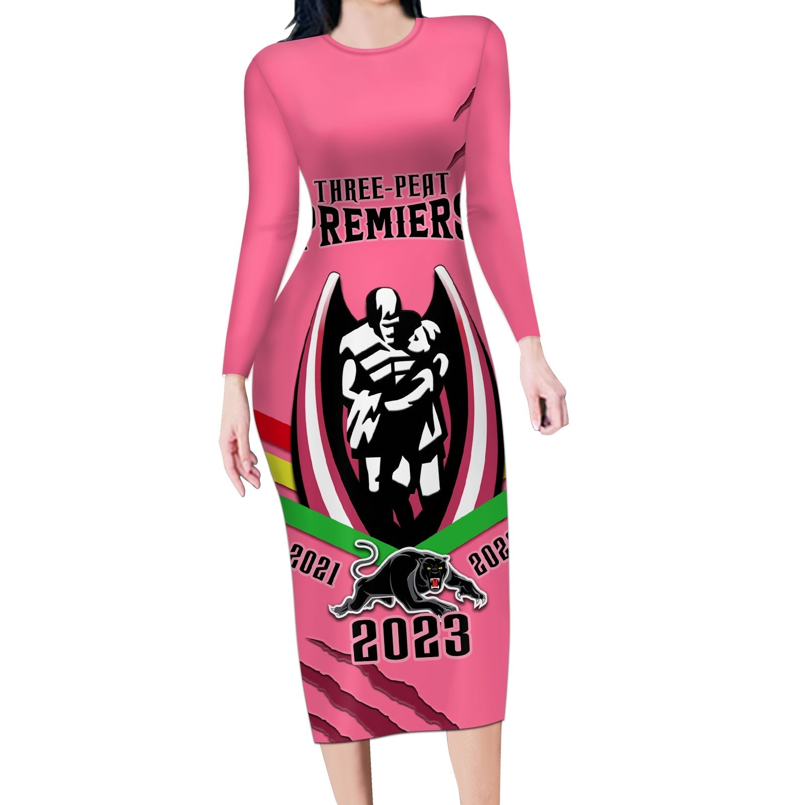 nrl-panthers-long-sleeve-bodycon-dress-premiers-2023-three-peat-proud-of-our-boys-pink