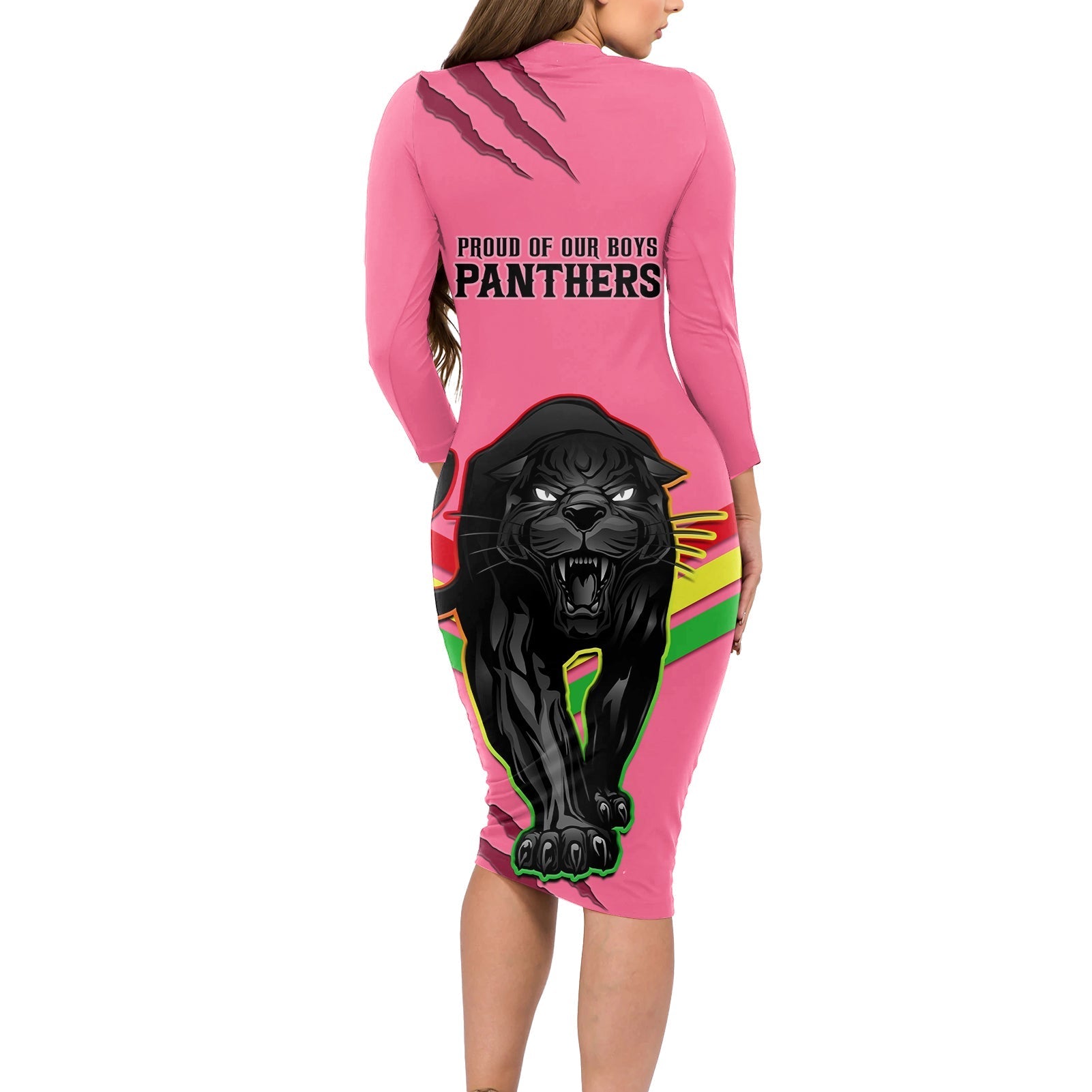 nrl-panthers-long-sleeve-bodycon-dress-premiers-2023-three-peat-proud-of-our-boys-pink