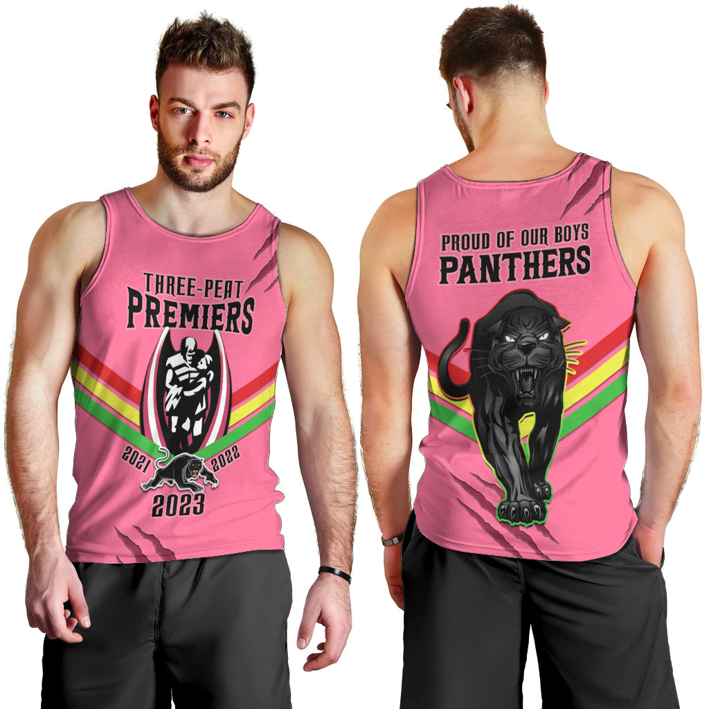 NRL Panthers Men Tank Top Premiers 2023 Three Peat Proud Of Our Boys Pink - Vibe Hoodie Shop