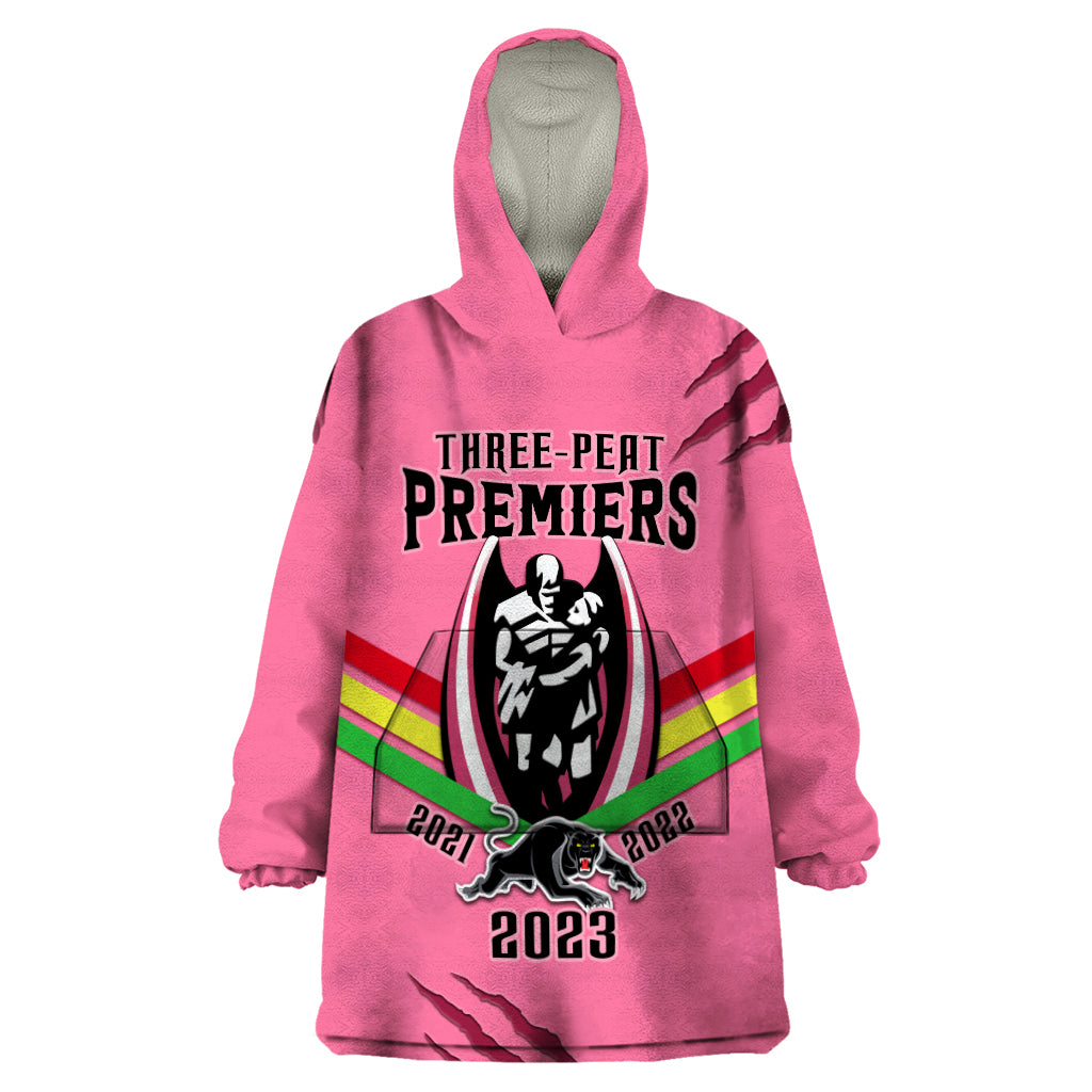 NRL Panthers Wearable Blanket Hoodie Premiers 2023 Three Peat Proud Of Our Boys Pink - Vibe Hoodie Shop