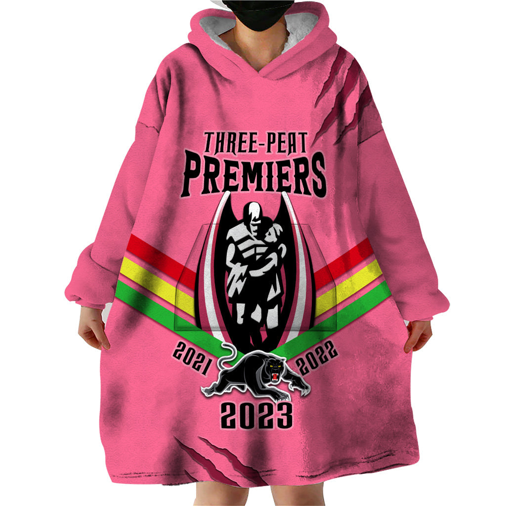 NRL Panthers Wearable Blanket Hoodie Premiers 2023 Three Peat Proud Of Our Boys Pink - Vibe Hoodie Shop