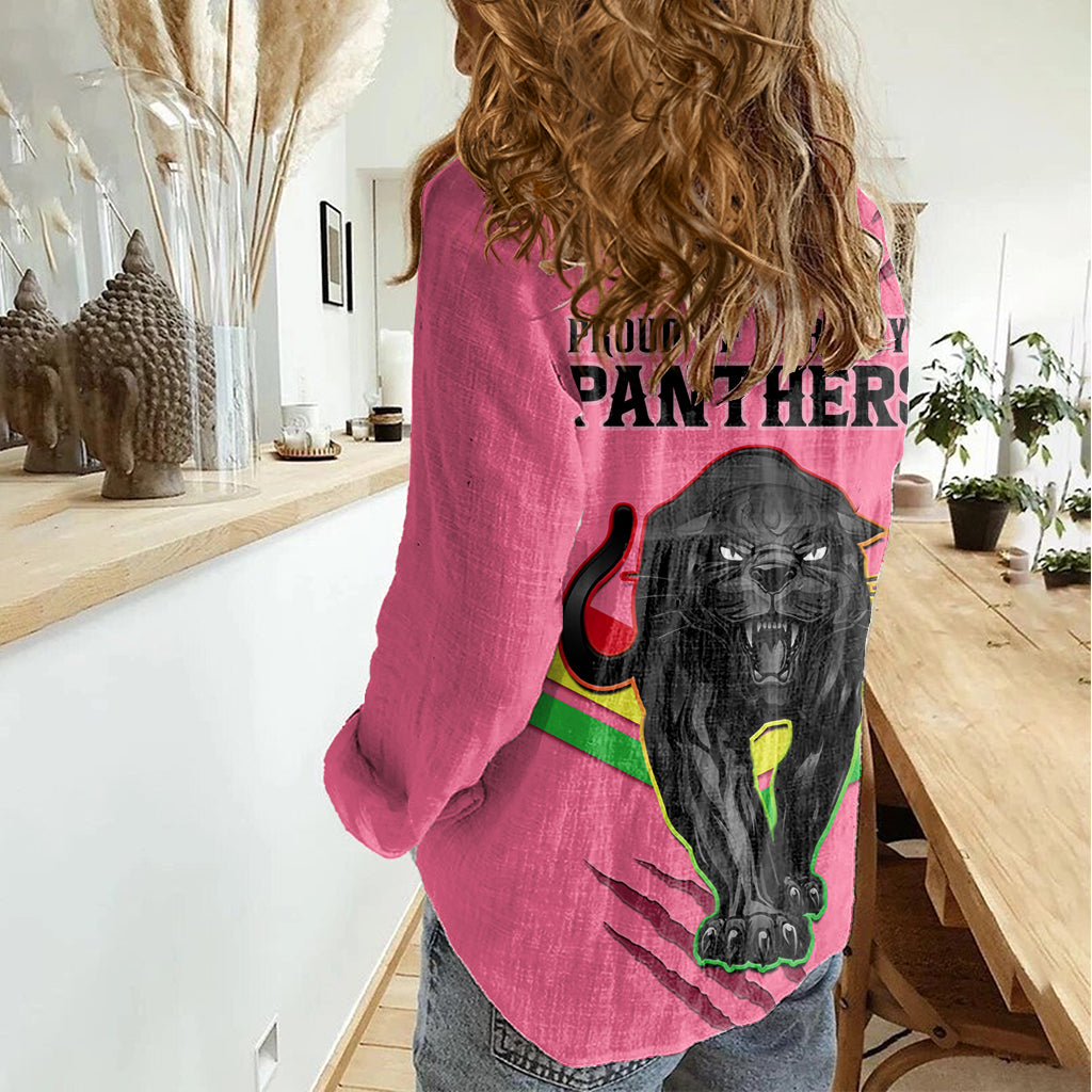 NRL Panthers Women Casual Shirt Premiers 2023 Three Peat Proud Of Our Boys Pink - Vibe Hoodie Shop