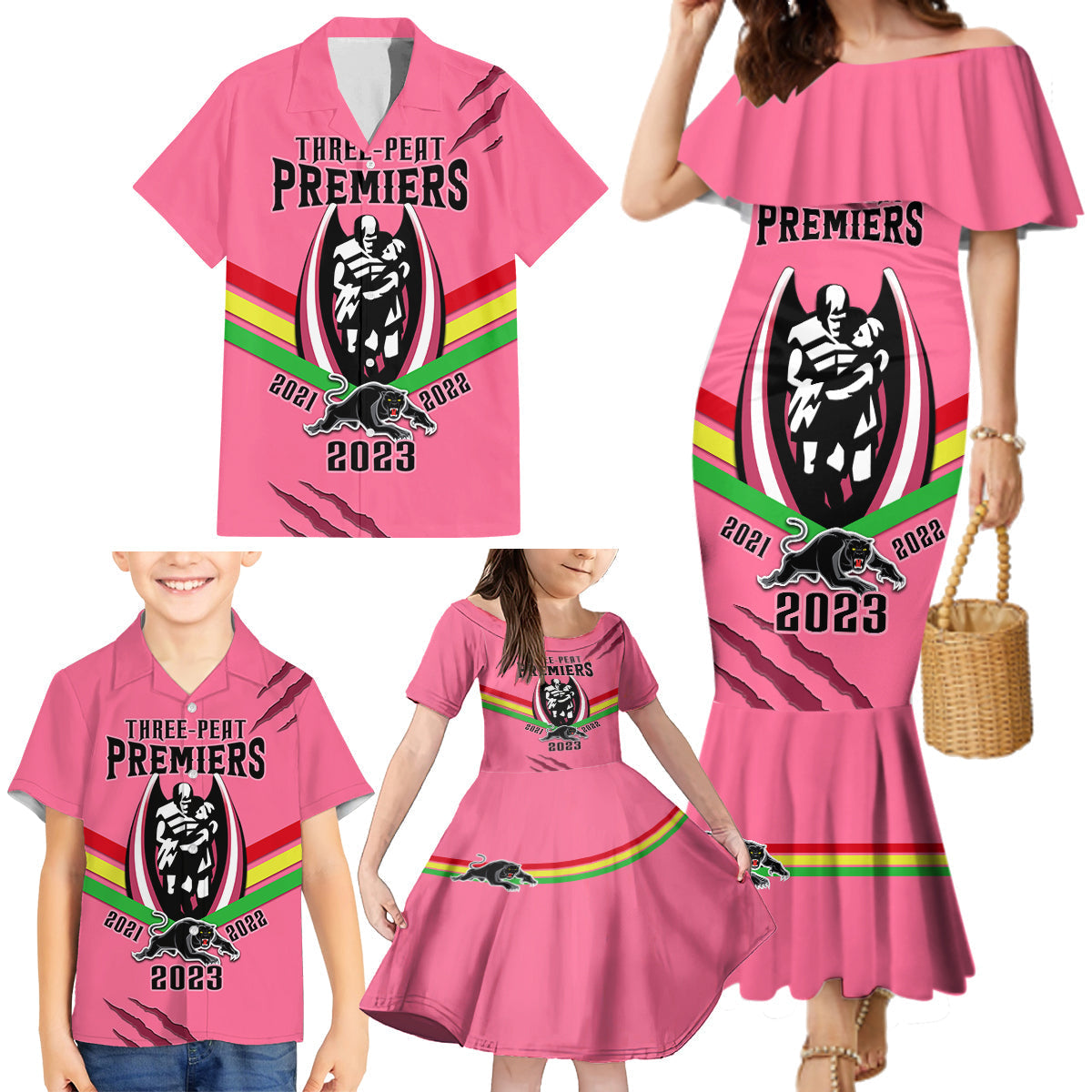 personalised-nrl-panthers-family-matching-mermaid-dress-and-hawaiian-shirt-premiers-2023-three-peat-proud-of-our-boys-pink