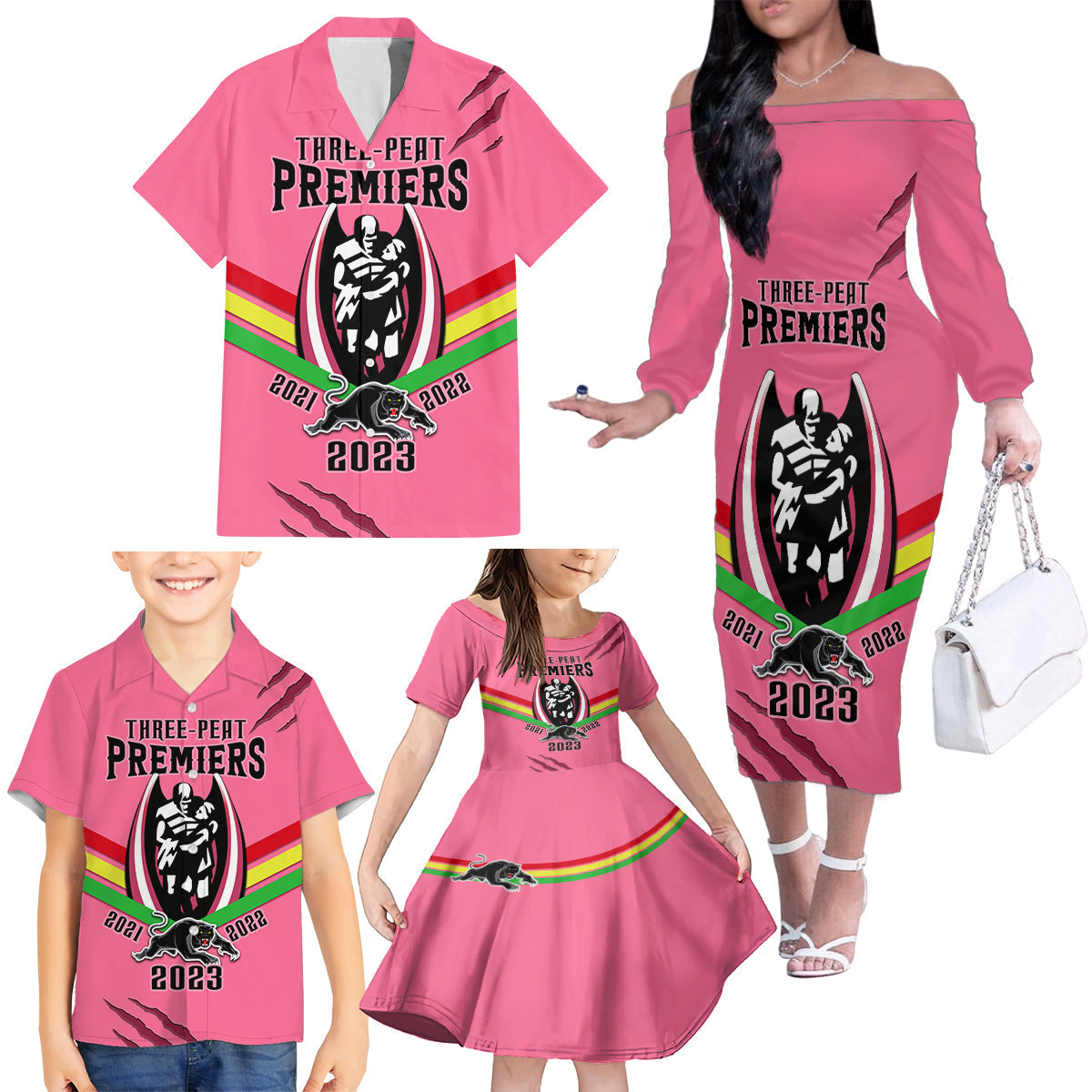 personalised-nrl-panthers-family-matching-off-shoulder-long-sleeve-dress-and-hawaiian-shirt-premiers-2023-three-peat-proud-of-our-boys-pink