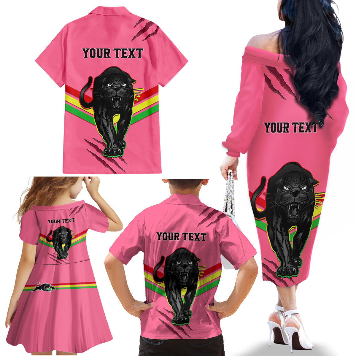 personalised-nrl-panthers-family-matching-off-shoulder-long-sleeve-dress-and-hawaiian-shirt-premiers-2023-three-peat-proud-of-our-boys-pink
