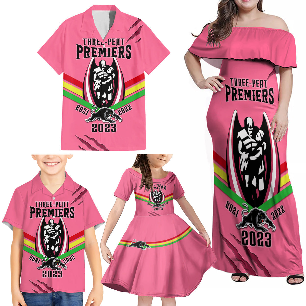 personalised-nrl-panthers-family-matching-off-shoulder-maxi-dress-and-hawaiian-shirt-premiers-2023-three-peat-proud-of-our-boys-pink