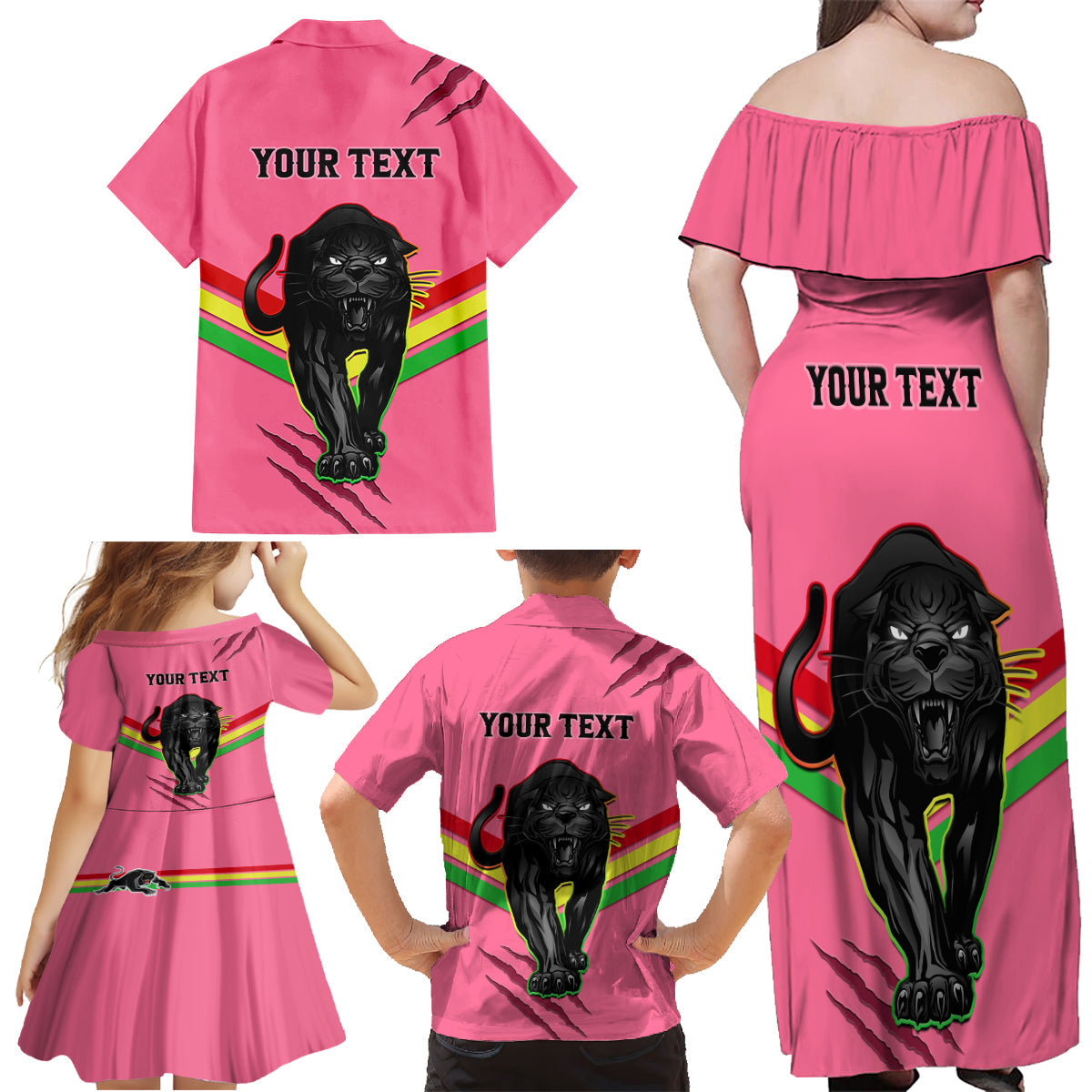 personalised-nrl-panthers-family-matching-off-shoulder-maxi-dress-and-hawaiian-shirt-premiers-2023-three-peat-proud-of-our-boys-pink