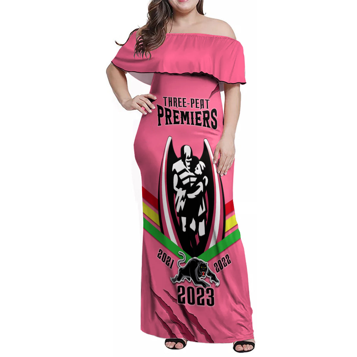 personalised-nrl-panthers-family-matching-off-shoulder-maxi-dress-and-hawaiian-shirt-premiers-2023-three-peat-proud-of-our-boys-pink
