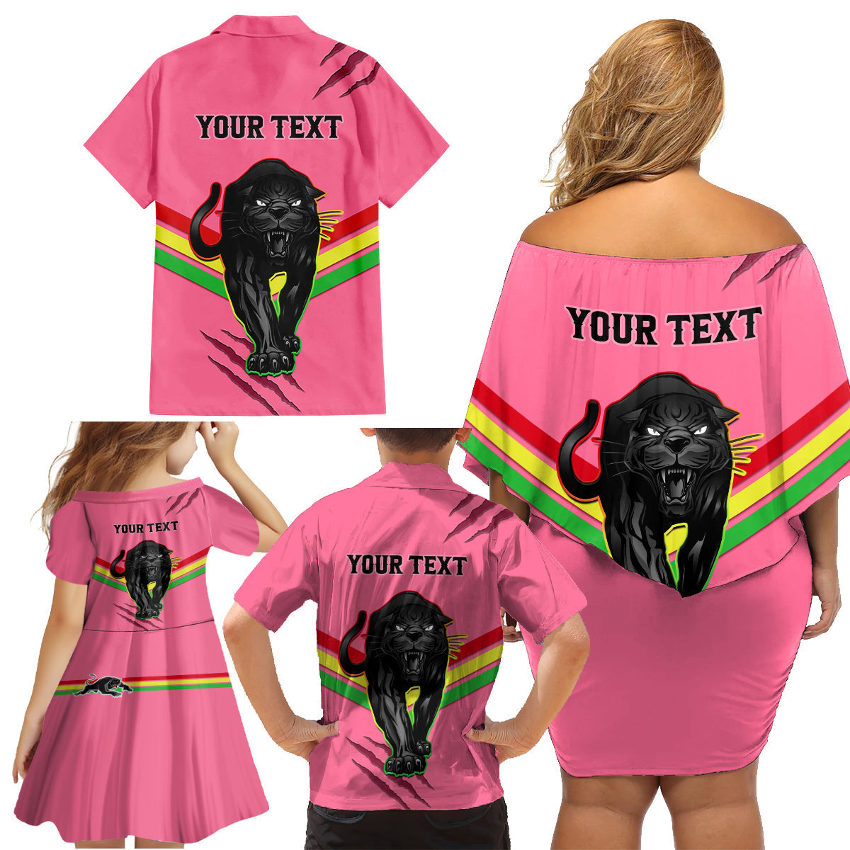 personalised-nrl-panthers-family-matching-off-shoulder-short-dress-and-hawaiian-shirt-premiers-2023-three-peat-proud-of-our-boys-pink