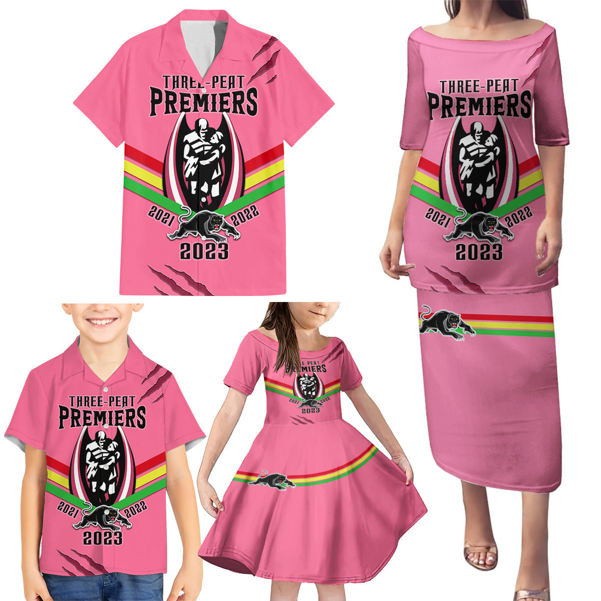 personalised-nrl-panthers-family-matching-puletasi-dress-and-hawaiian-shirt-premiers-2023-three-peat-proud-of-our-boys-pink