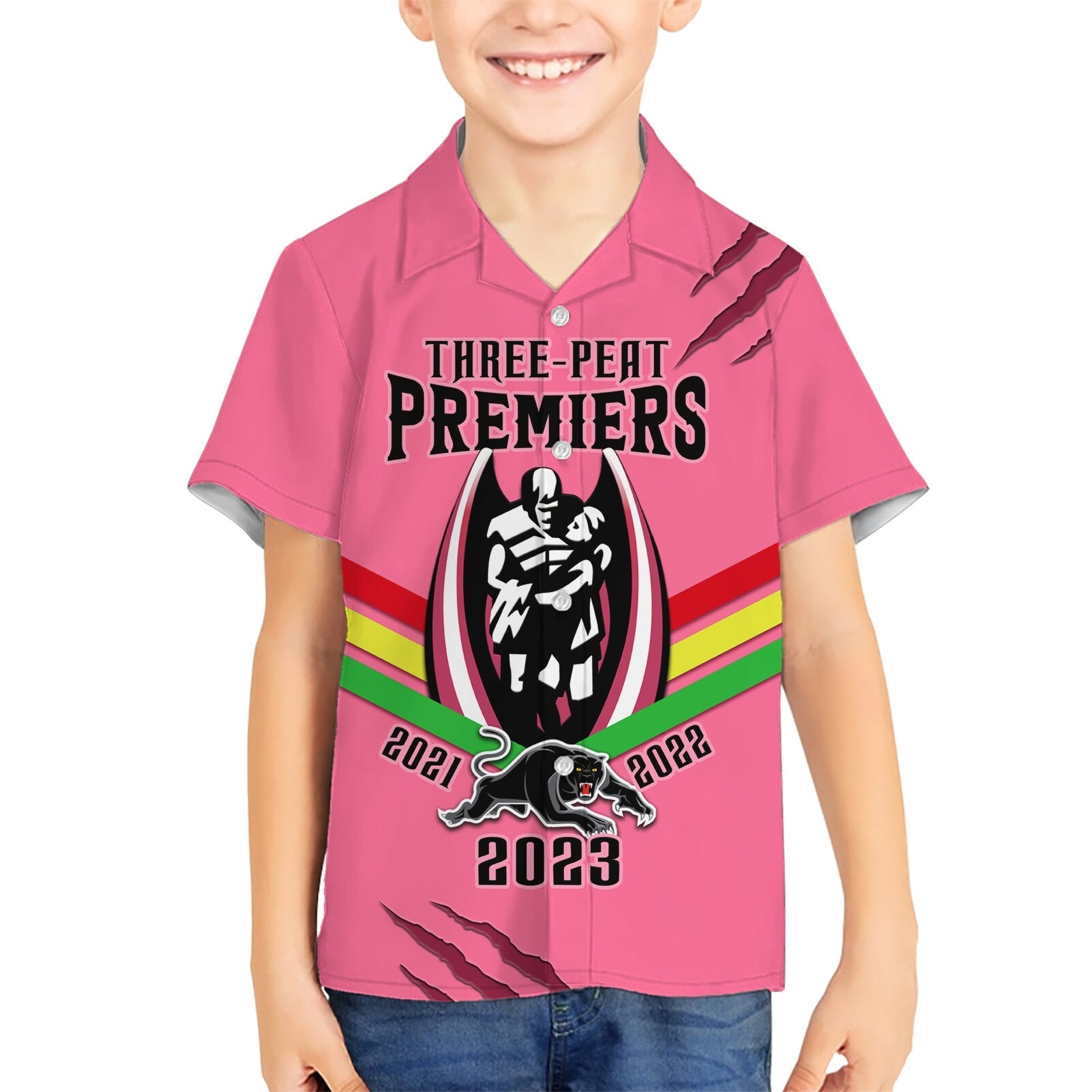personalised-nrl-panthers-family-matching-short-sleeve-bodycon-dress-and-hawaiian-shirt-premiers-2023-three-peat-proud-of-our-boys-pink