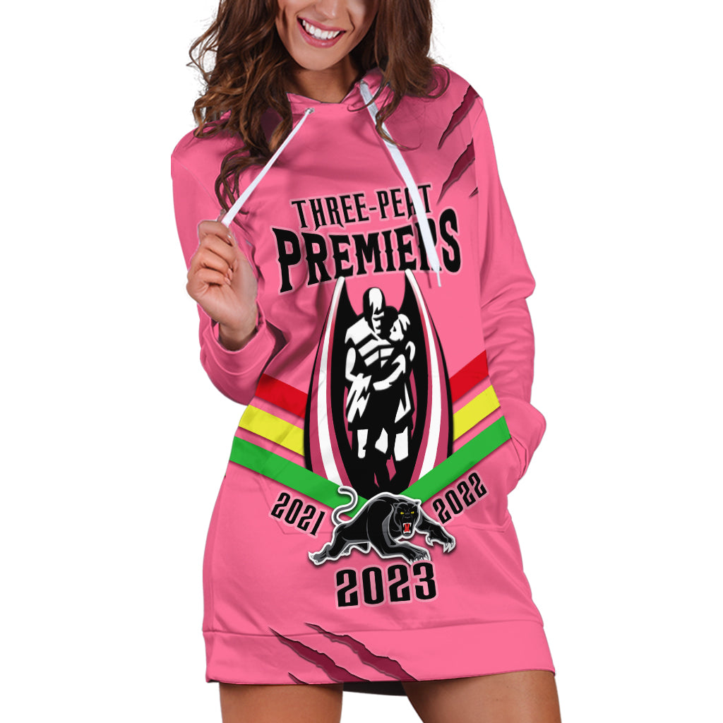 Personalised NRL Panthers Hoodie Dress Premiers 2023 Three Peat Proud Of Our Boys Pink - Vibe Hoodie Shop