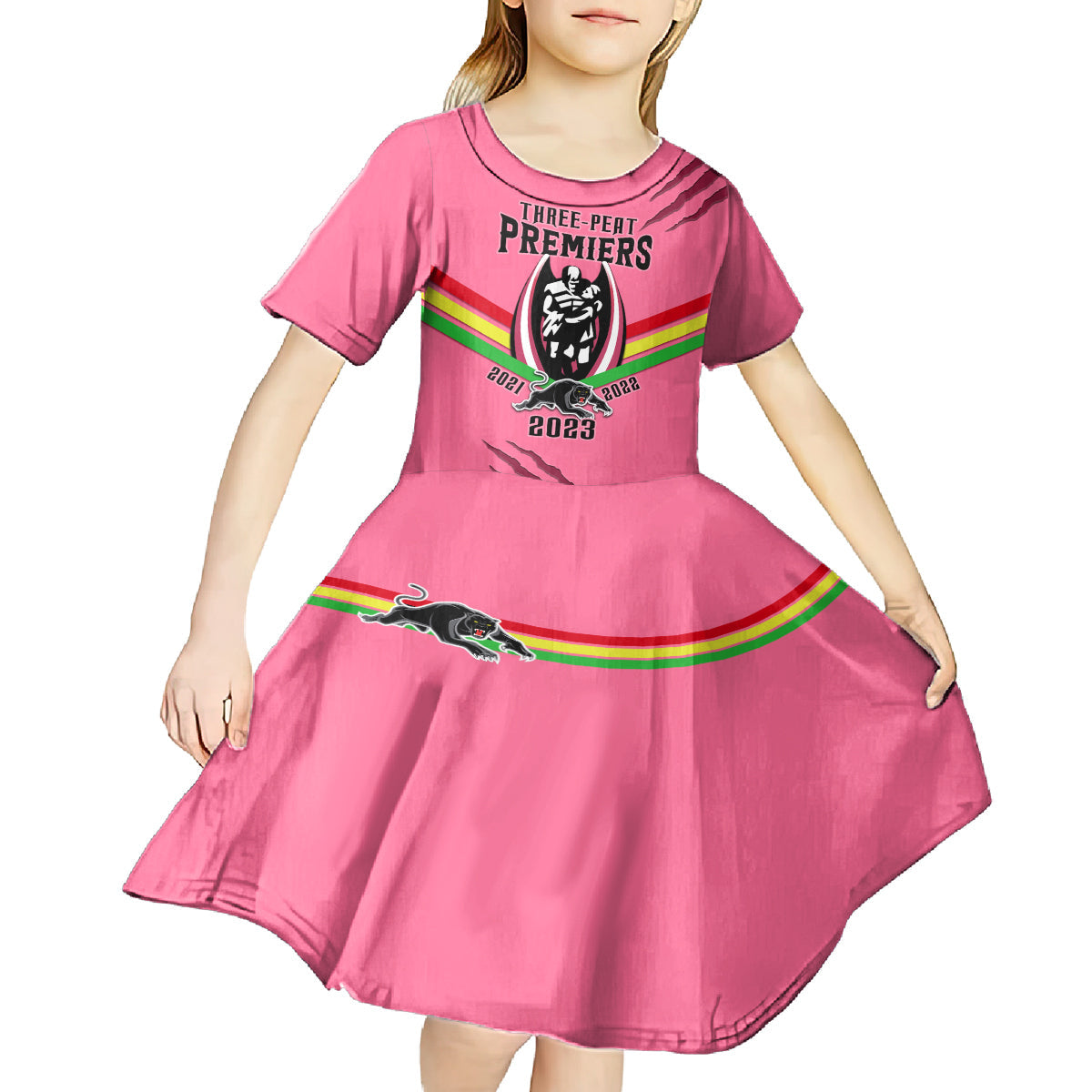 Personalised NRL Panthers Kid Short Sleeve Dress Premiers 2023 Three Peat Proud Of Our Boys Pink - Vibe Hoodie Shop
