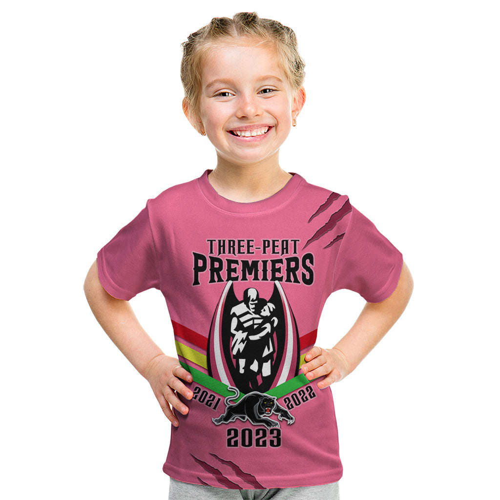 Personalised NRL Panthers Kid T Shirt Premiers 2023 Three Peat Proud Of Our Boys Pink - Vibe Hoodie Shop