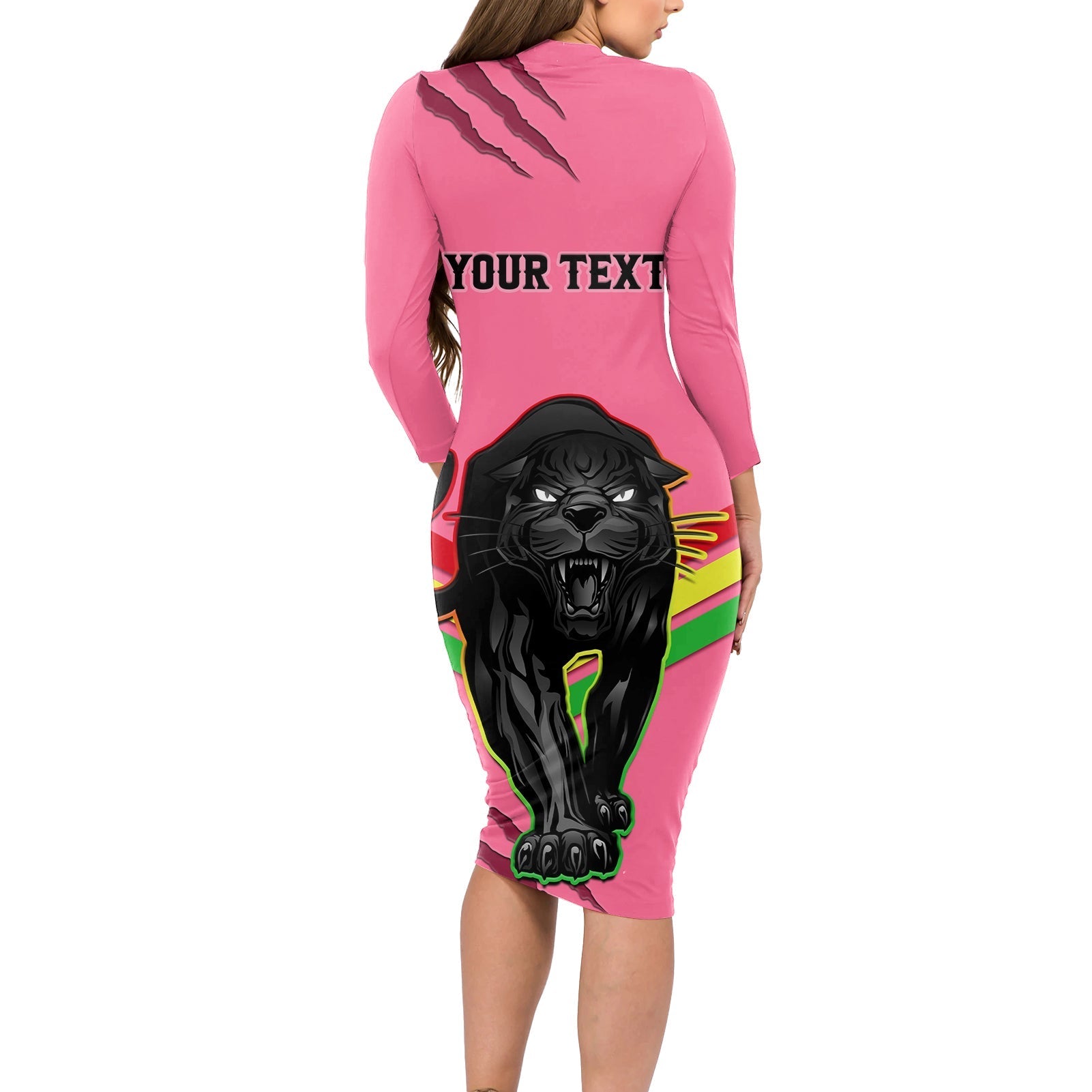 personalised-nrl-panthers-long-sleeve-bodycon-dress-premiers-2023-three-peat-proud-of-our-boys-pink