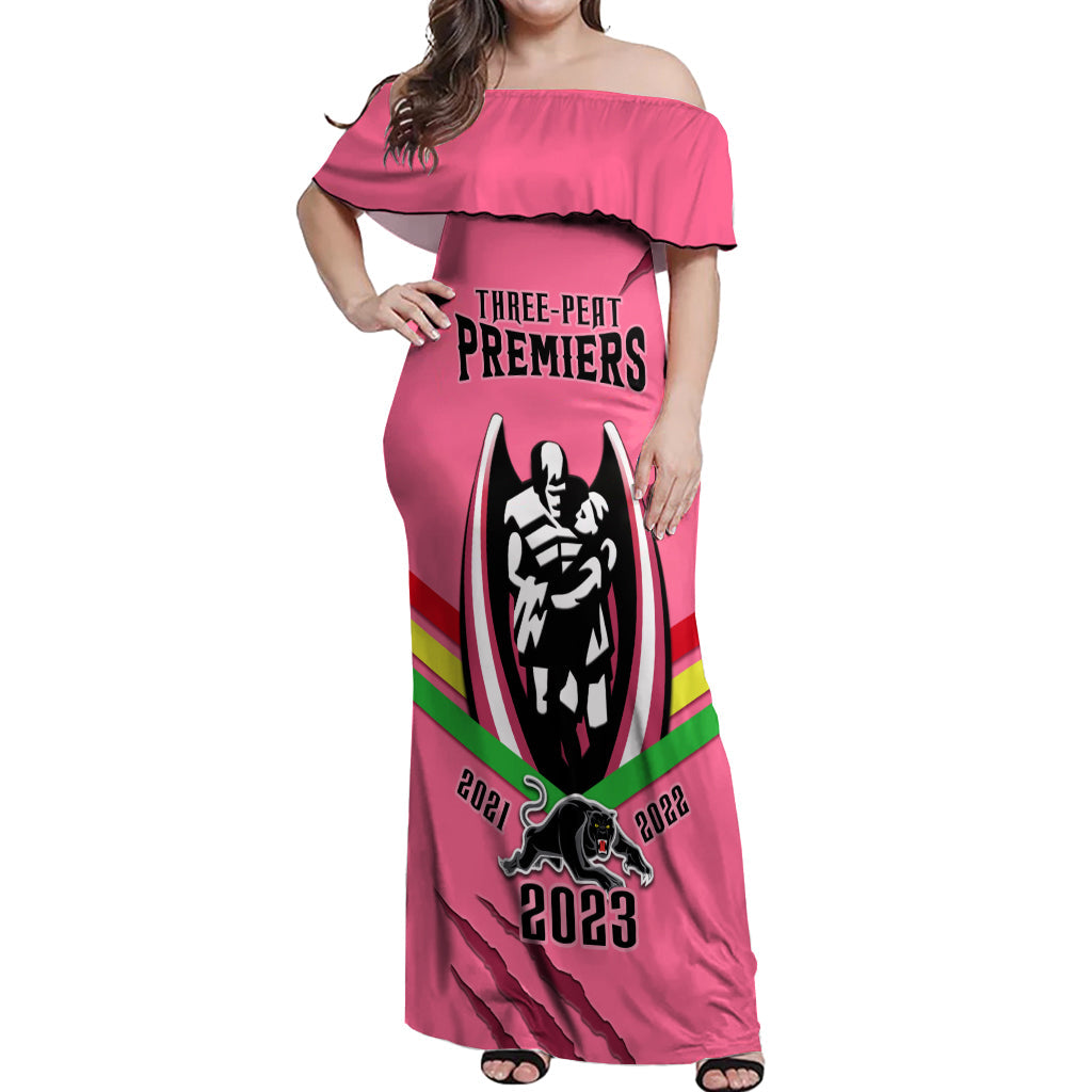 personalised-nrl-panthers-off-shoulder-maxi-dress-premiers-2023-three-peat-proud-of-our-boys-pink