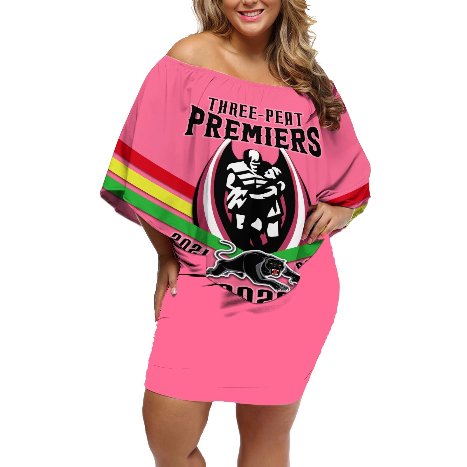 personalised-nrl-panthers-off-shoulder-short-dress-premiers-2023-three-peat-proud-of-our-boys-pink