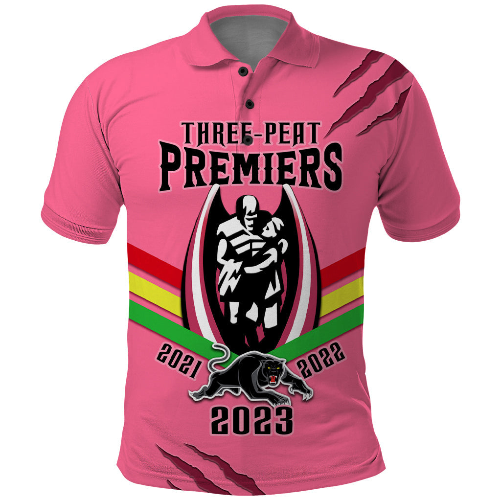 Personalised NRL Panthers Polo Shirt Premiers 2023 Three Peat Proud Of Our Boys Pink - Vibe Hoodie Shop