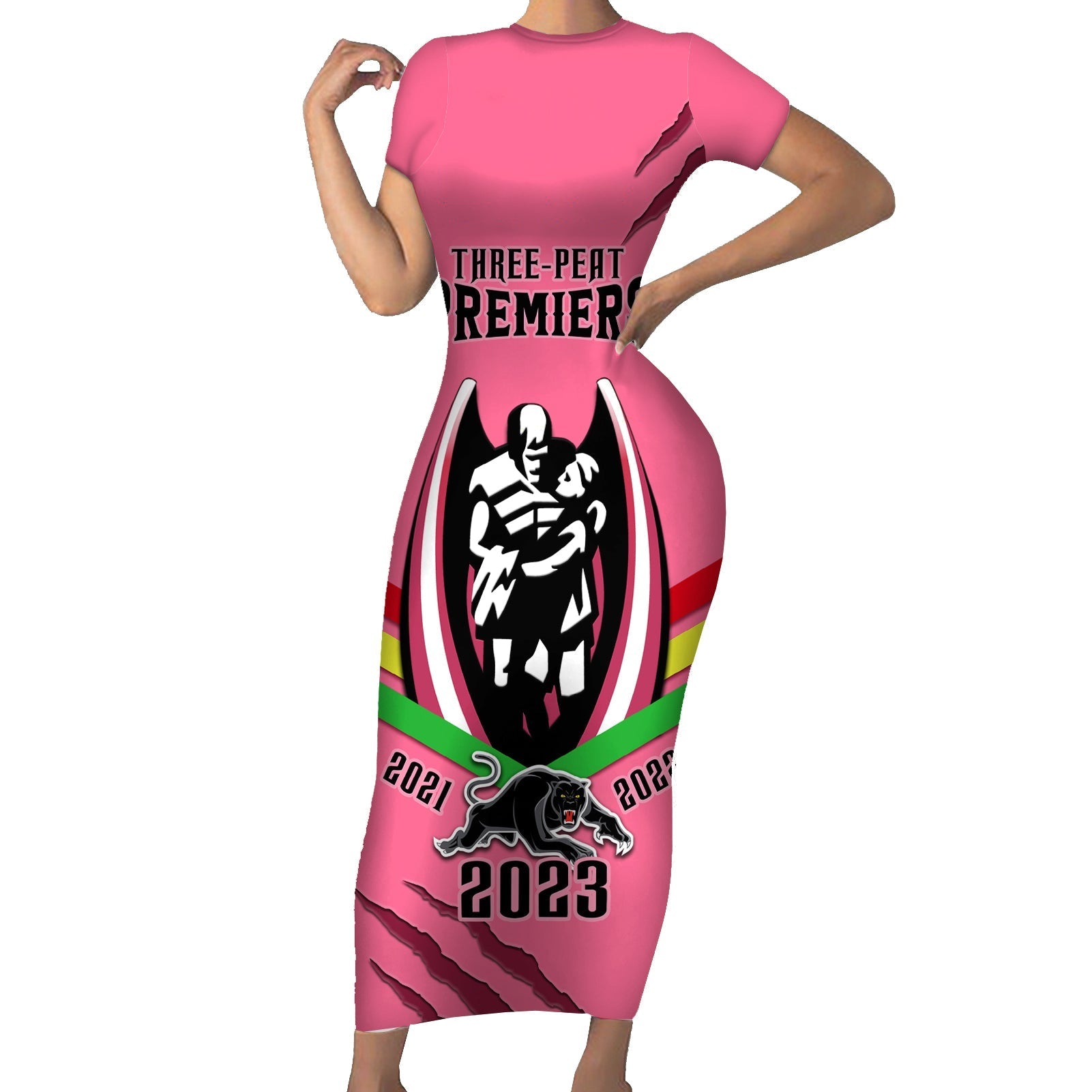 personalised-nrl-panthers-short-sleeve-bodycon-dress-premiers-2023-three-peat-proud-of-our-boys-pink