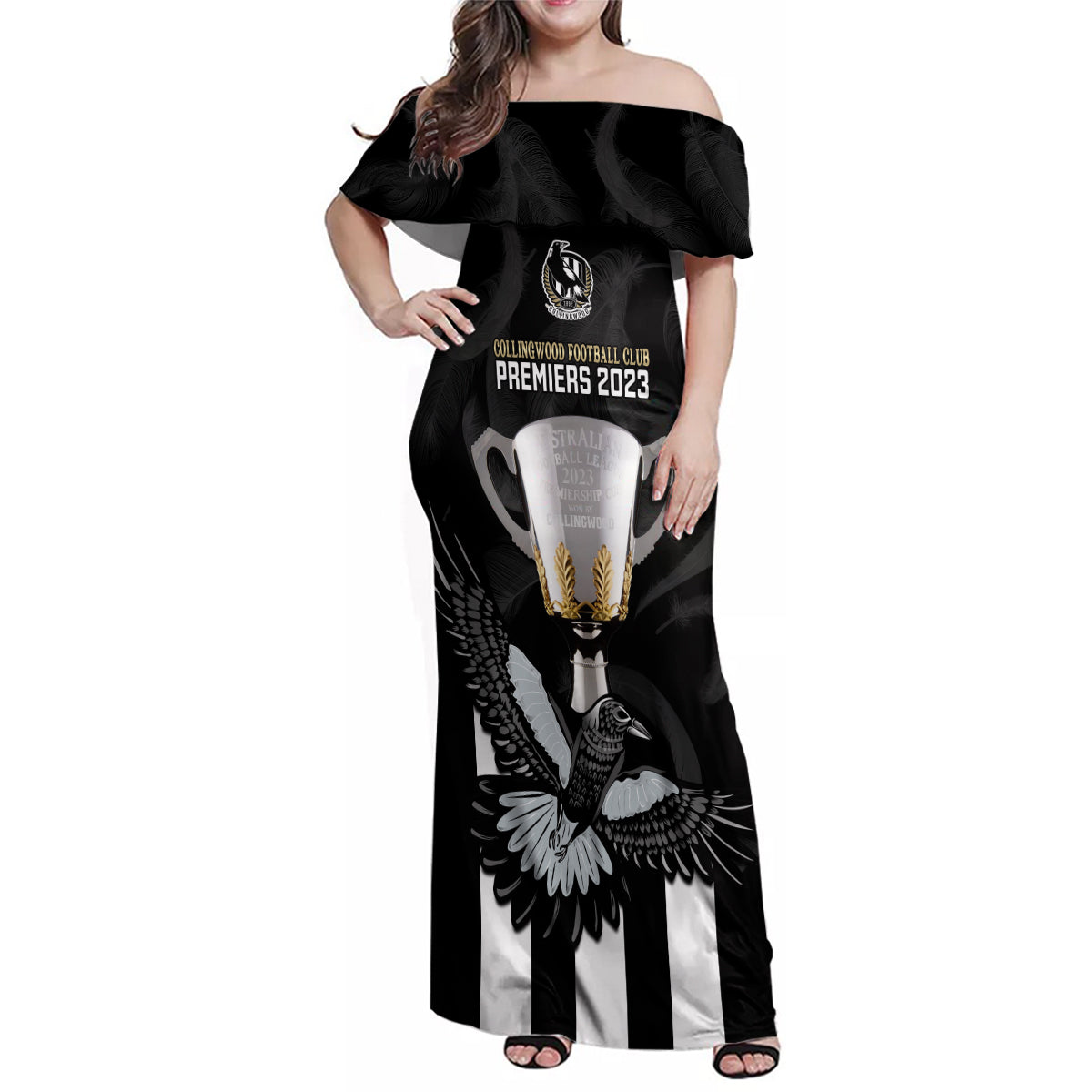 afl-collingwood-family-matching-off-shoulder-maxi-dress-and-hawaiian-shirt-magpies-premiers-2023-with-trophy-proud