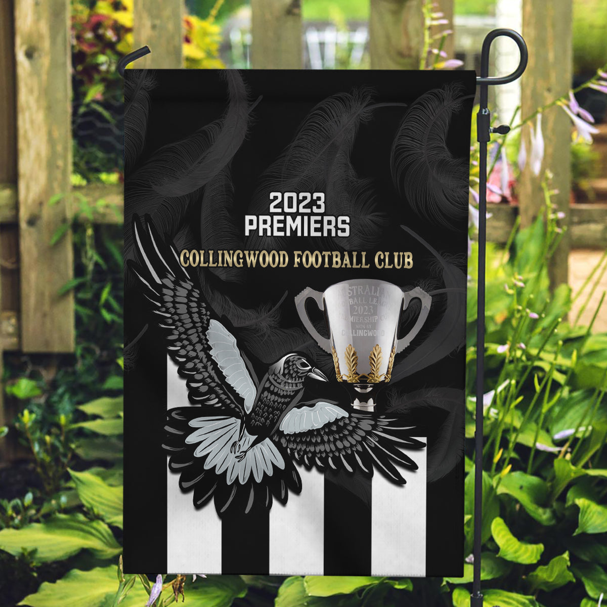 AFL Collingwood Garden Flag Magpies Premiers 2023 With Trophy Proud - Vibe Hoodie Shop