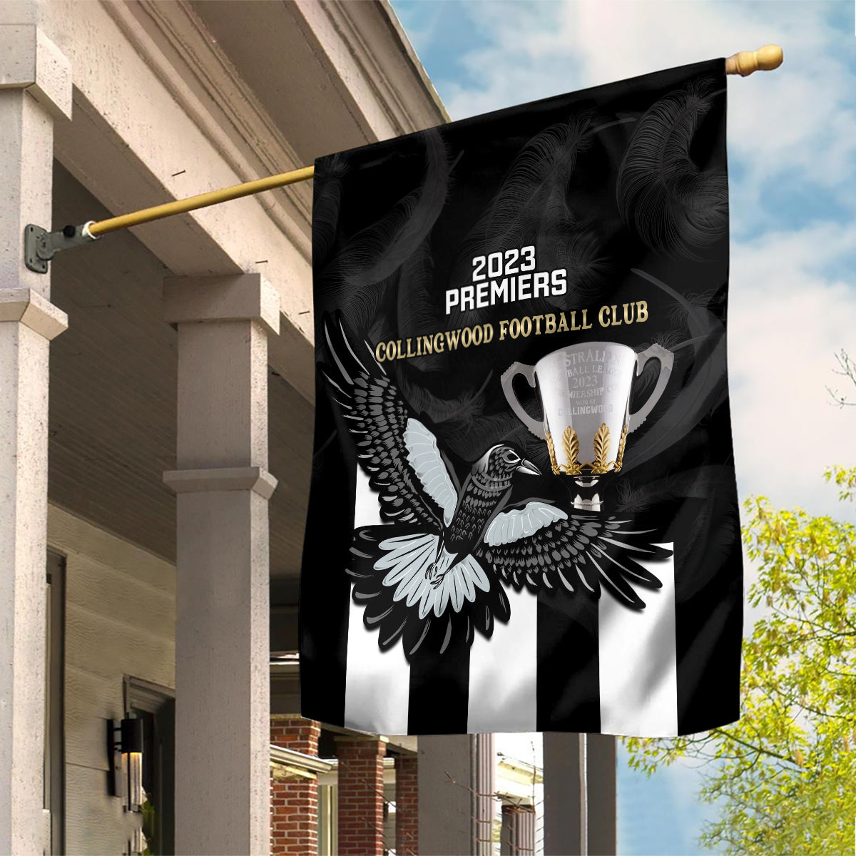 AFL Collingwood Garden Flag Magpies Premiers 2023 With Trophy Proud - Vibe Hoodie Shop