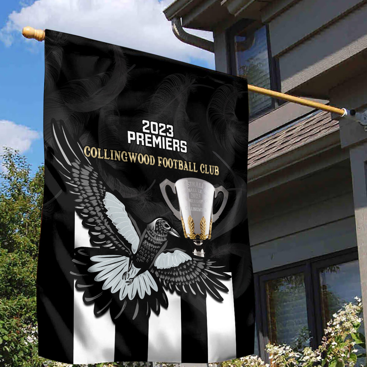 AFL Collingwood Garden Flag Magpies Premiers 2023 With Trophy Proud - Vibe Hoodie Shop