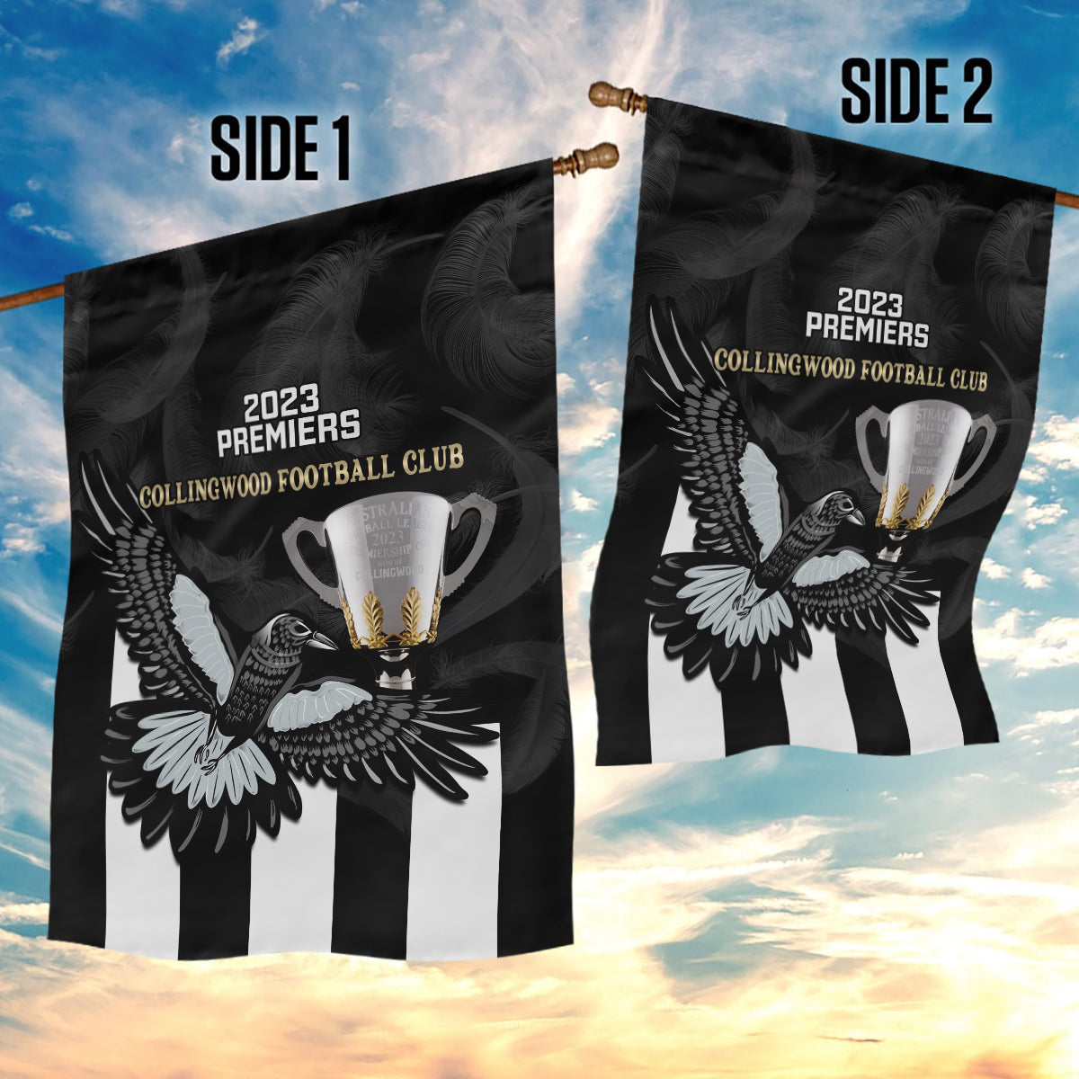 AFL Collingwood Garden Flag Magpies Premiers 2023 With Trophy Proud - Vibe Hoodie Shop