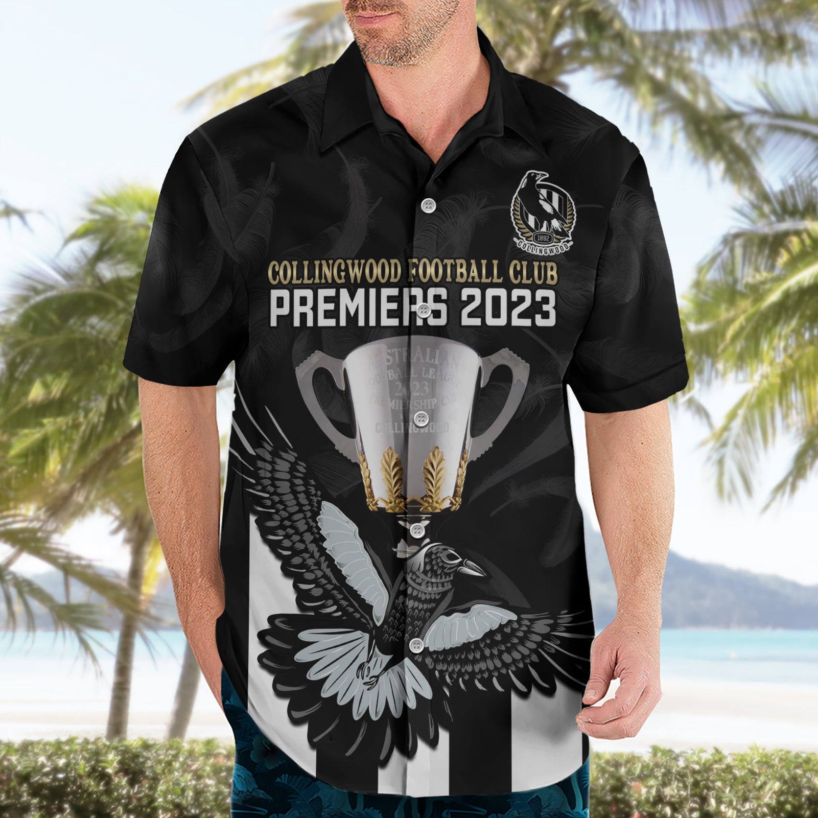 AFL Collingwood Hawaiian Shirt Magpies Premiers 2023 With Trophy Proud - Vibe Hoodie Shop