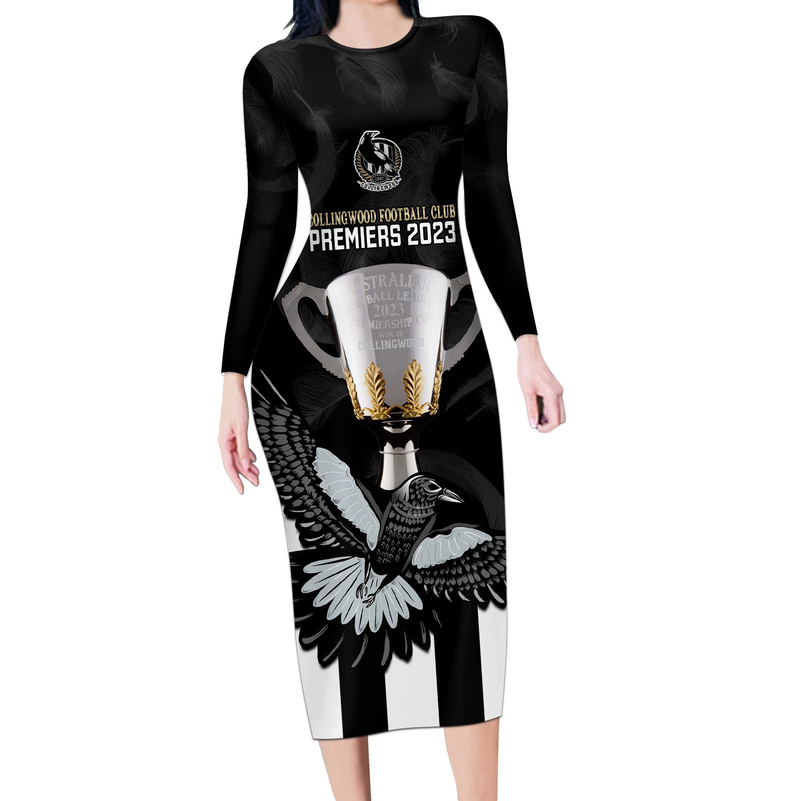 afl-collingwood-long-sleeve-bodycon-dress-magpies-premiers-2023-with-trophy-proud