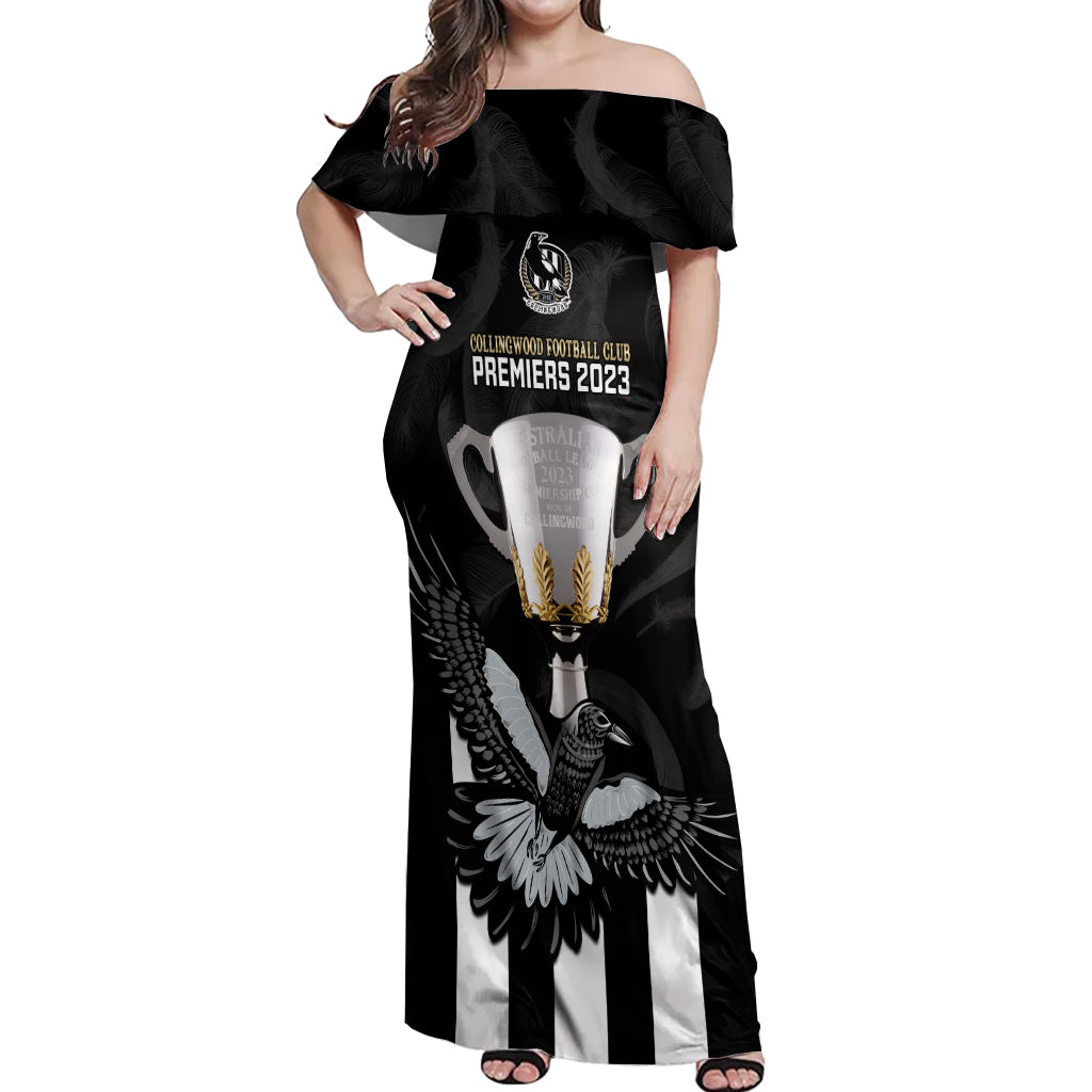 afl-collingwood-off-shoulder-maxi-dress-magpies-premiers-2023-with-trophy-proud