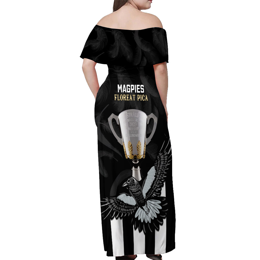 afl-collingwood-off-shoulder-maxi-dress-magpies-premiers-2023-with-trophy-proud