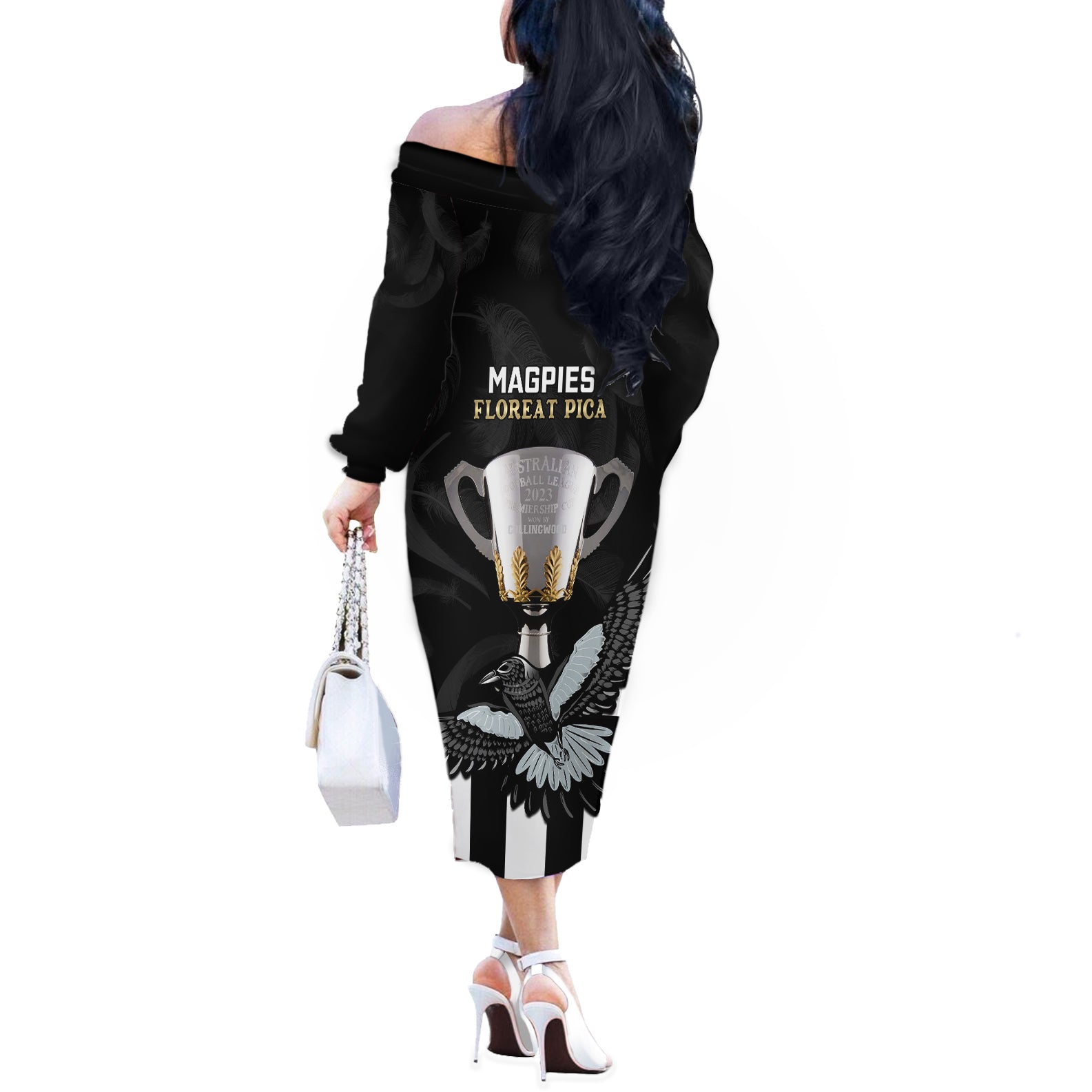 afl-collingwood-off-the-shoulder-long-sleeve-dress-magpies-premiers-2023-with-trophy-proud