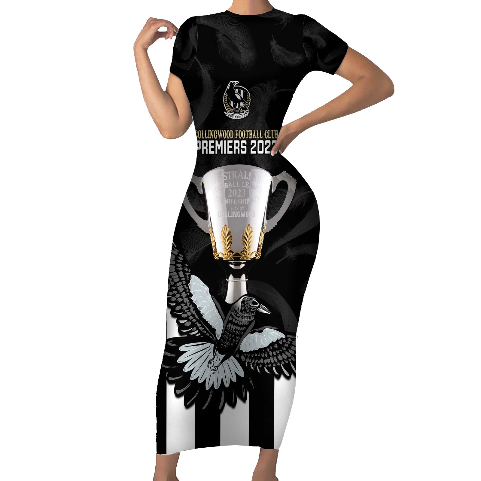 afl-collingwood-short-sleeve-bodycon-dress-magpies-premiers-2023-with-trophy-proud