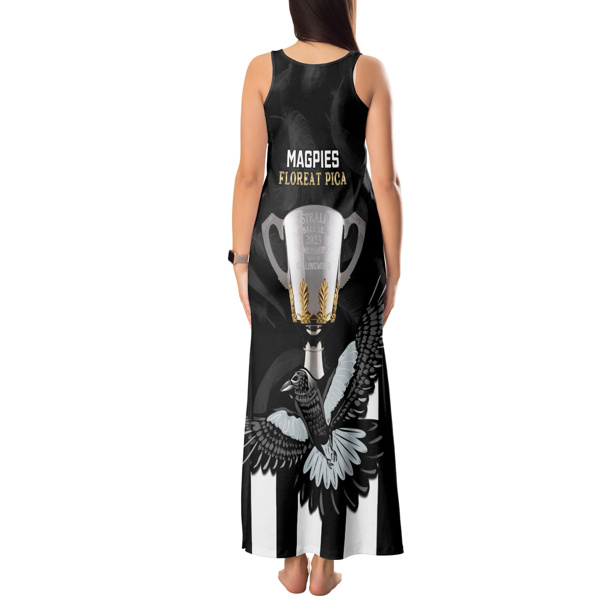 afl-collingwood-tank-maxi-dress-magpies-premiers-2023-with-trophy-proud