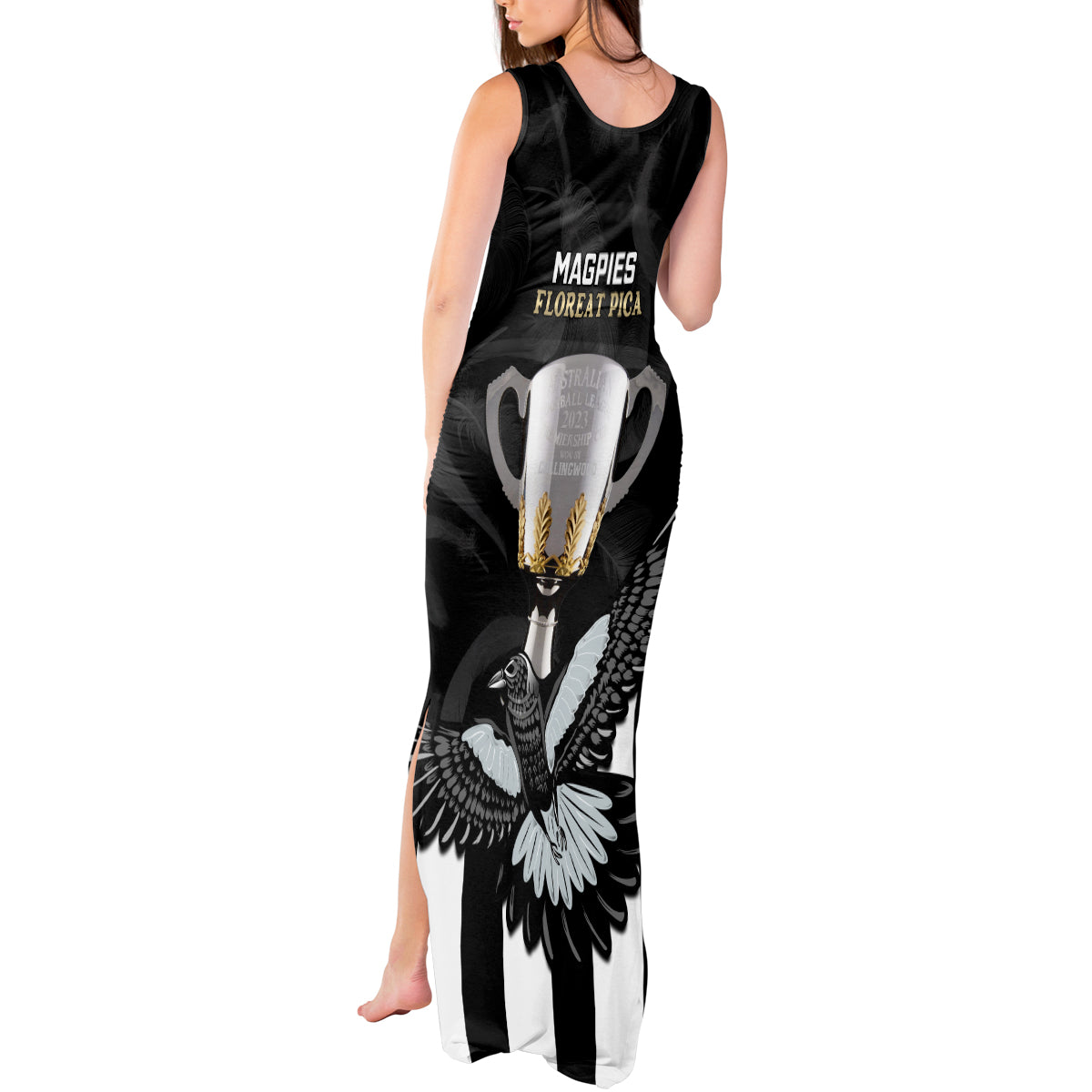 afl-collingwood-tank-maxi-dress-magpies-premiers-2023-with-trophy-proud