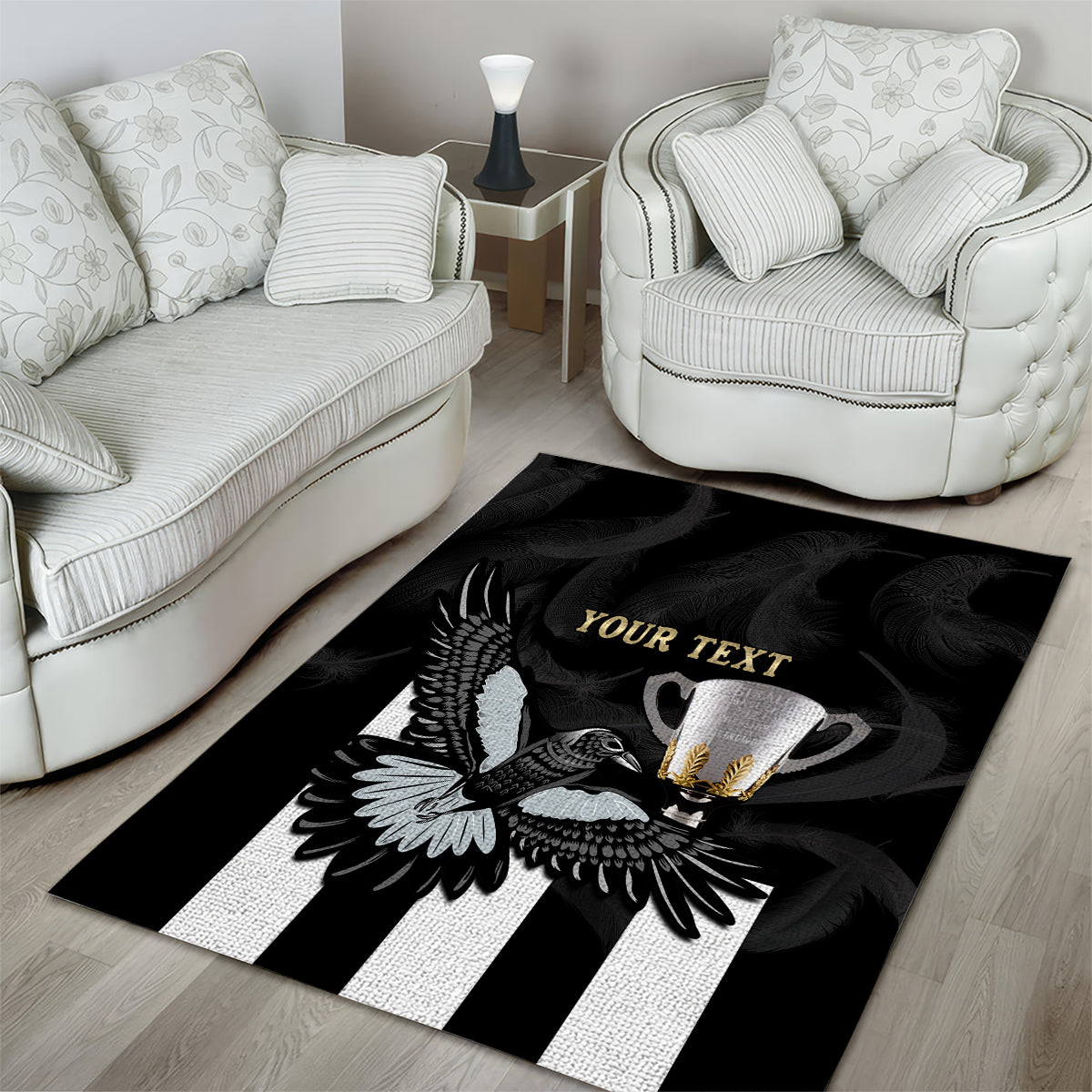 Personalised AFL Collingwood Area Rug Magpies Premiers 2023 With Trophy Proud - Vibe Hoodie Shop