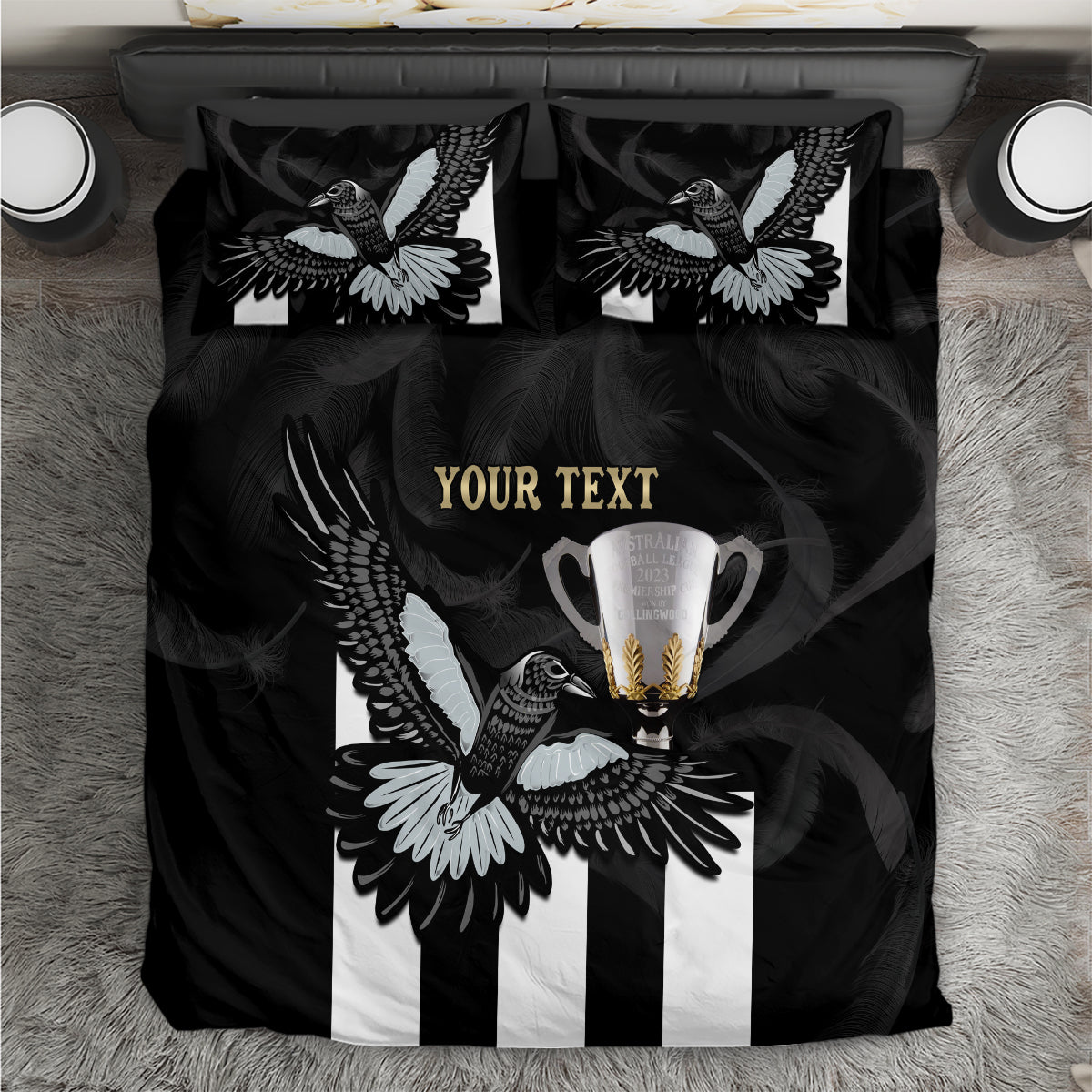 Personalised AFL Collingwood Bedding Set Magpies Premiers 2023 With Trophy Proud - Vibe Hoodie Shop